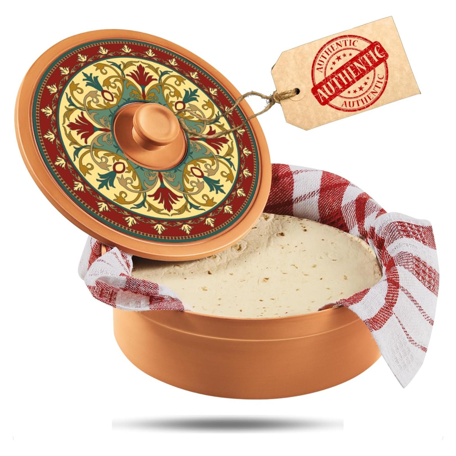 Authentic Terracotta Tortilla Warmer w Decorative Lid, Mexican Terra Cotta Tortilla Holder w Warmer Cloth, Traditional Clay Tortillas Keeper Heater & Tortillero, Arabesque
