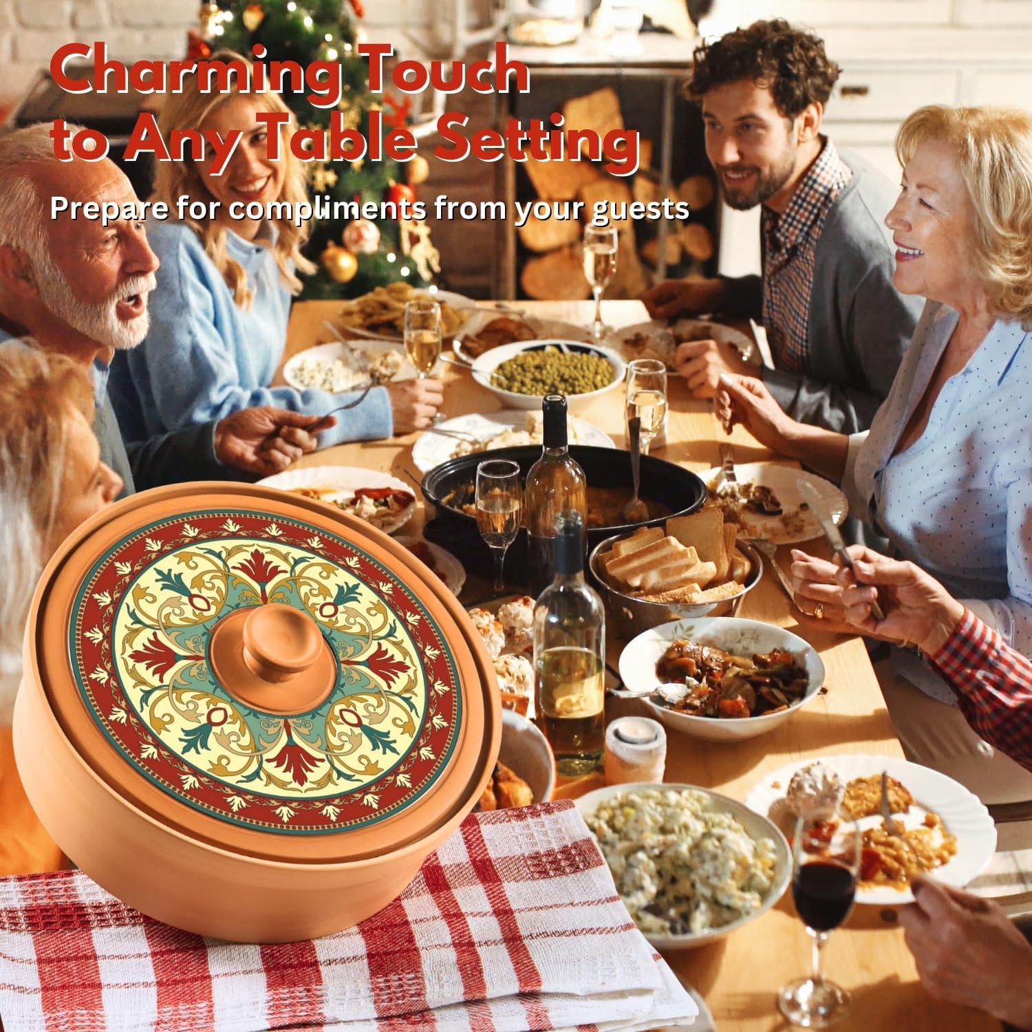 Authentic Terracotta Tortilla Warmer w Decorative Lid, Mexican Terra Cotta Tortilla Holder w Warmer Cloth, Traditional Clay Tortillas Keeper Heater & Tortillero, Arabesque