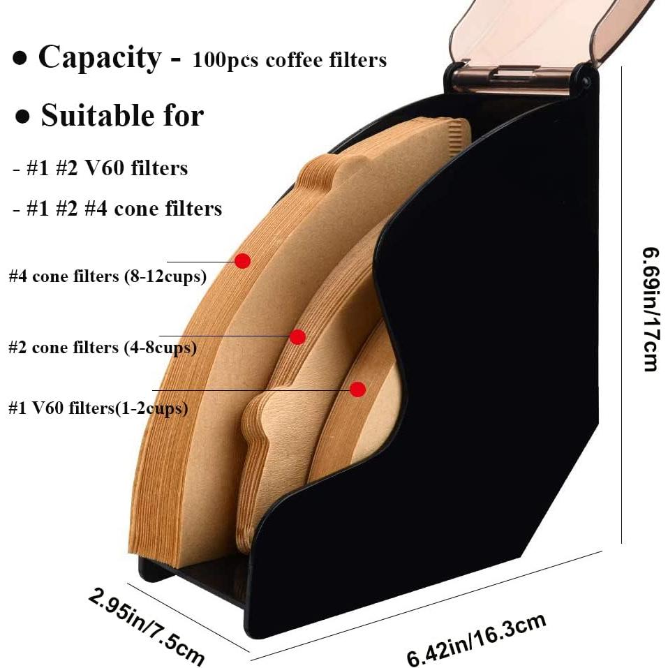 CAFEMASY Coffee Filter Holder Storage Coffee Filter Paper Dispenser Rack with Dustproof Cover for V60 and Cone Coffee Filters