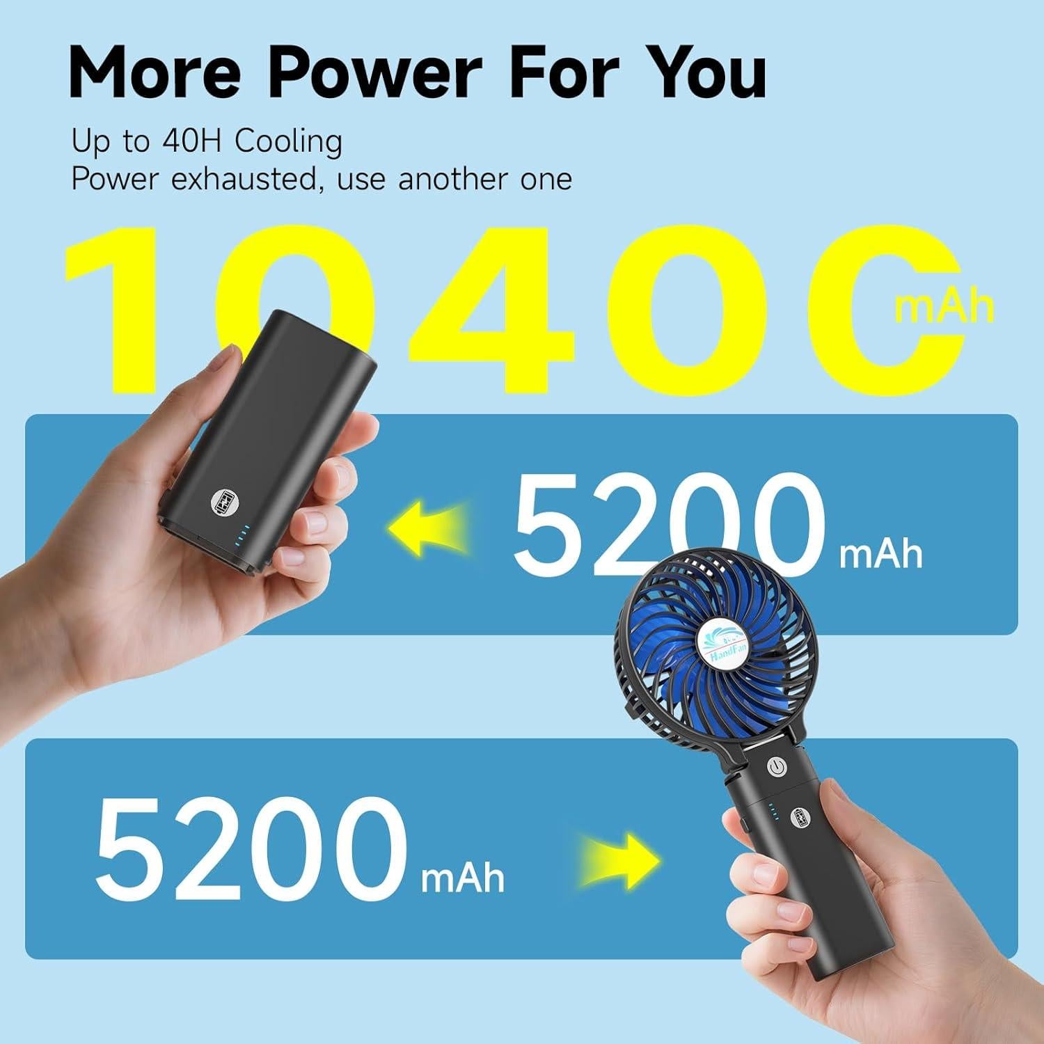 Ventilador de Mano Recargable 10400mAh Portátil Azul