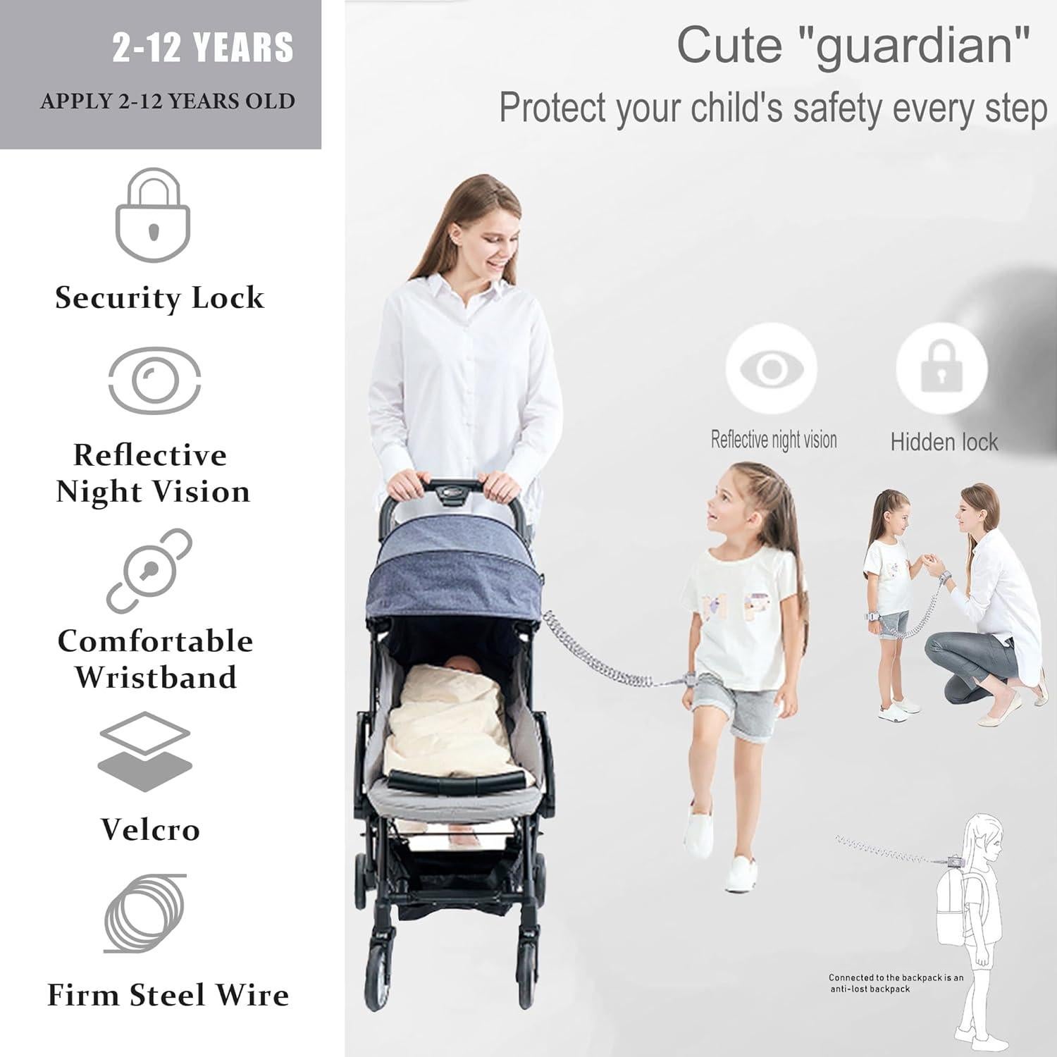 Correa Anti Perdida para Niños WSZCML 2m Ajustable Negro