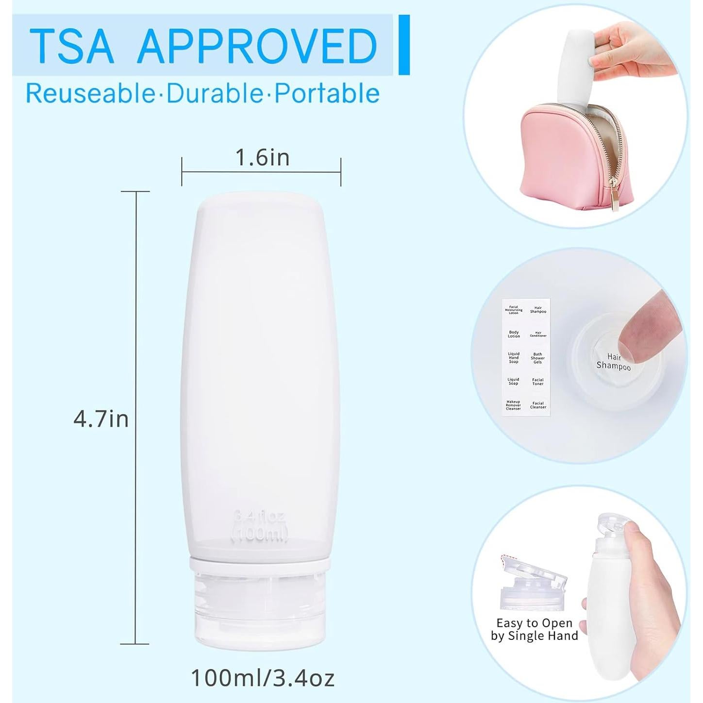 Set de 4 Botellas de Silicona para Viaje 100ml Craftend TSA