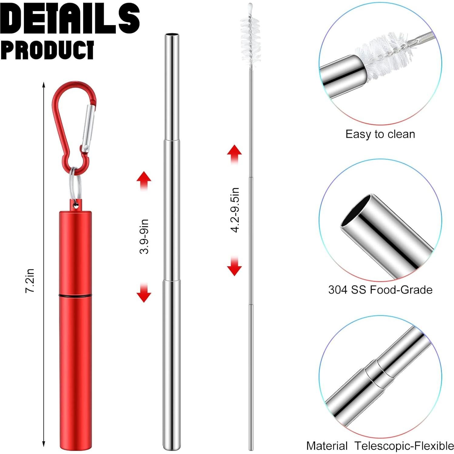 Popotes Reutilizables Zubebe 8 Pcs Acero Inoxidable Plegables