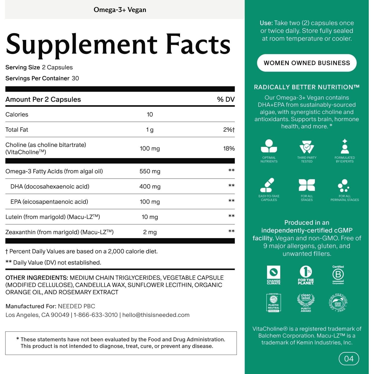 Omega-3 Prenatal Needed 1000mg DHA EPA Vegano 30 Cápsulas