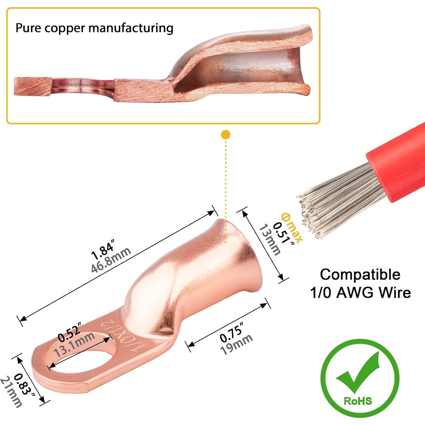 10 Conectores de Terminales de Anillo Sanuke 1/0 AWG Cobre