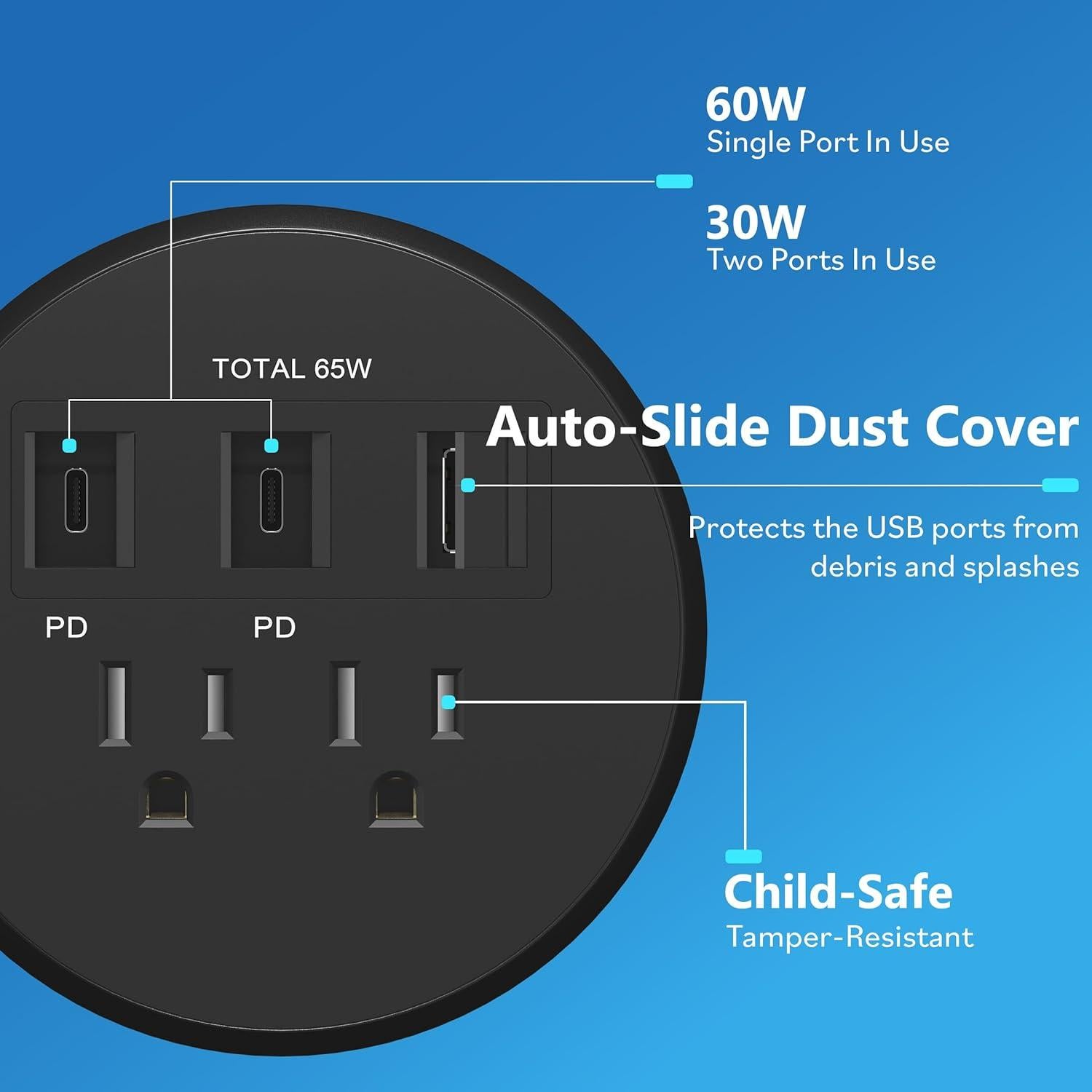 Grommet de Escritorio LIDER PD 65W USB-A y 2 USB-C Negro