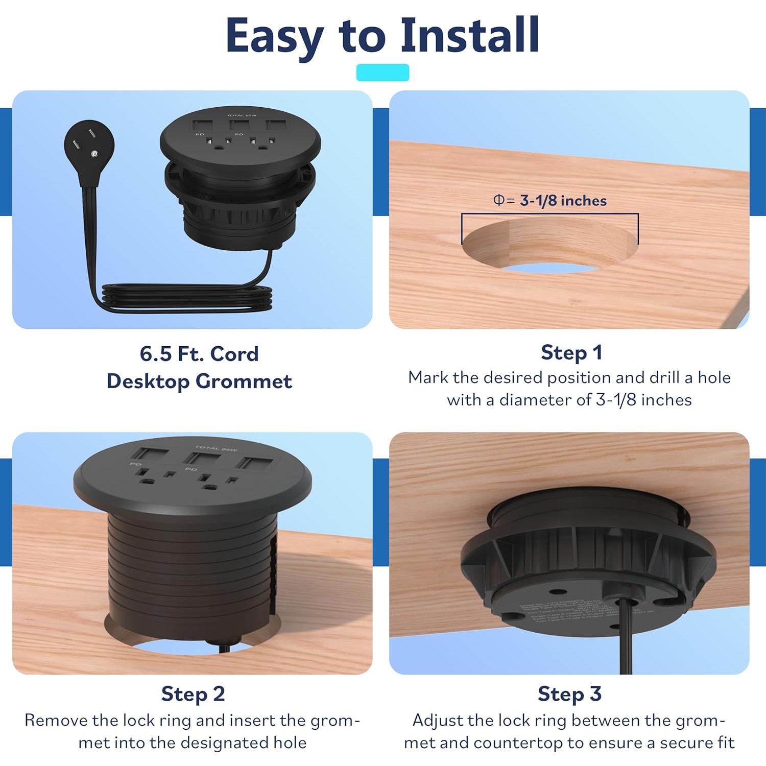 Grommet de Escritorio LIDER PD 65W USB-A y 2 USB-C Negro