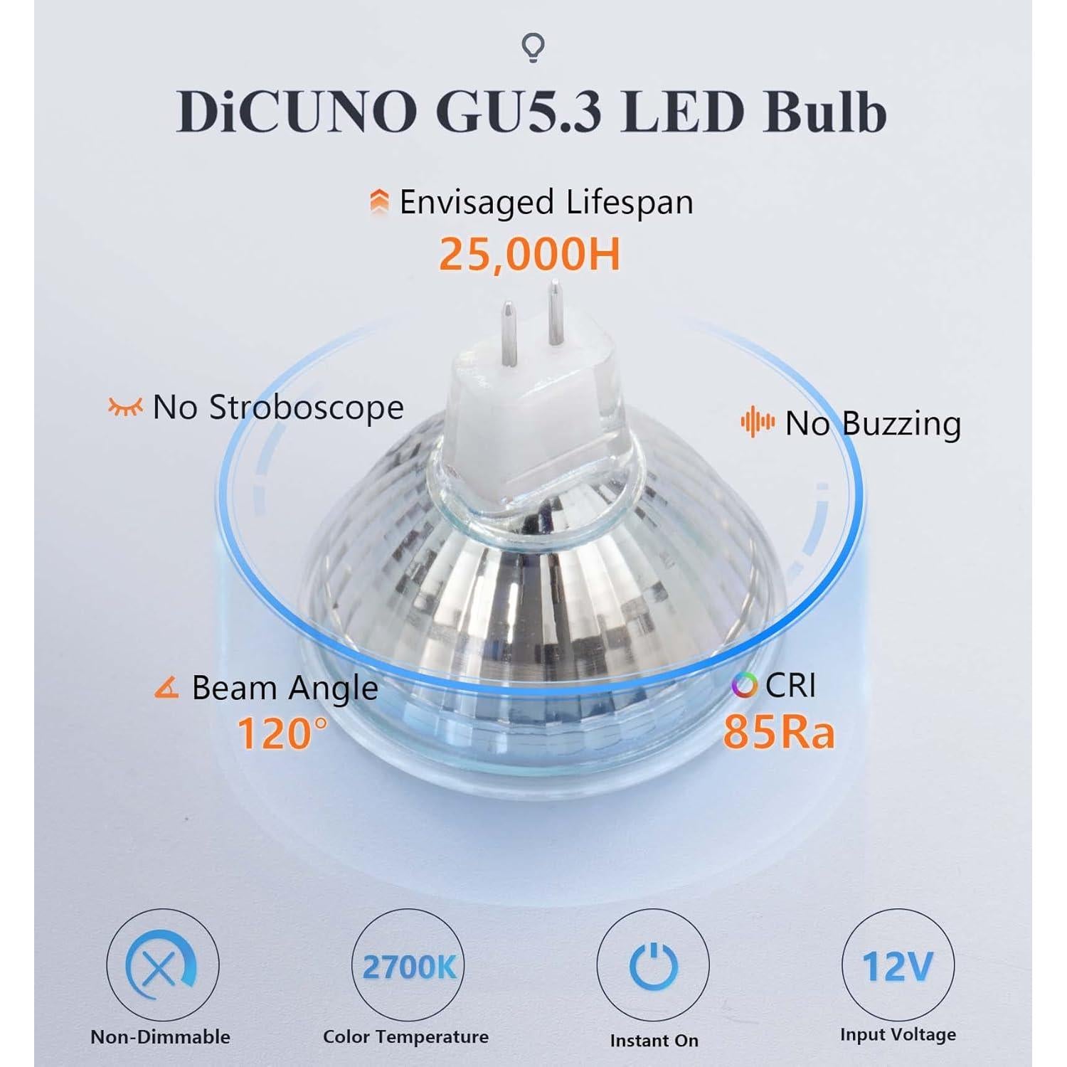 Bombilla LED DiCUNO GU5.3 12V 5W Blanco Cálido 2700K Paquete de 6