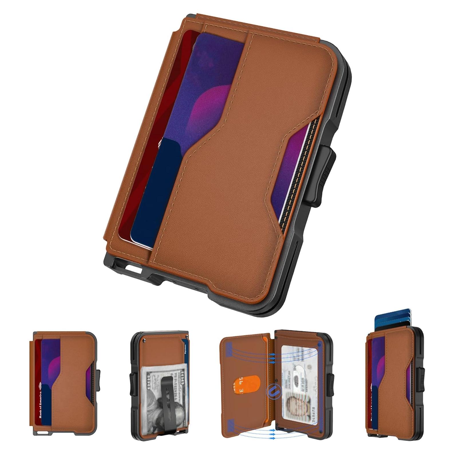 Billetera delgada Tizmuo marrón con bloqueo RFID y clip