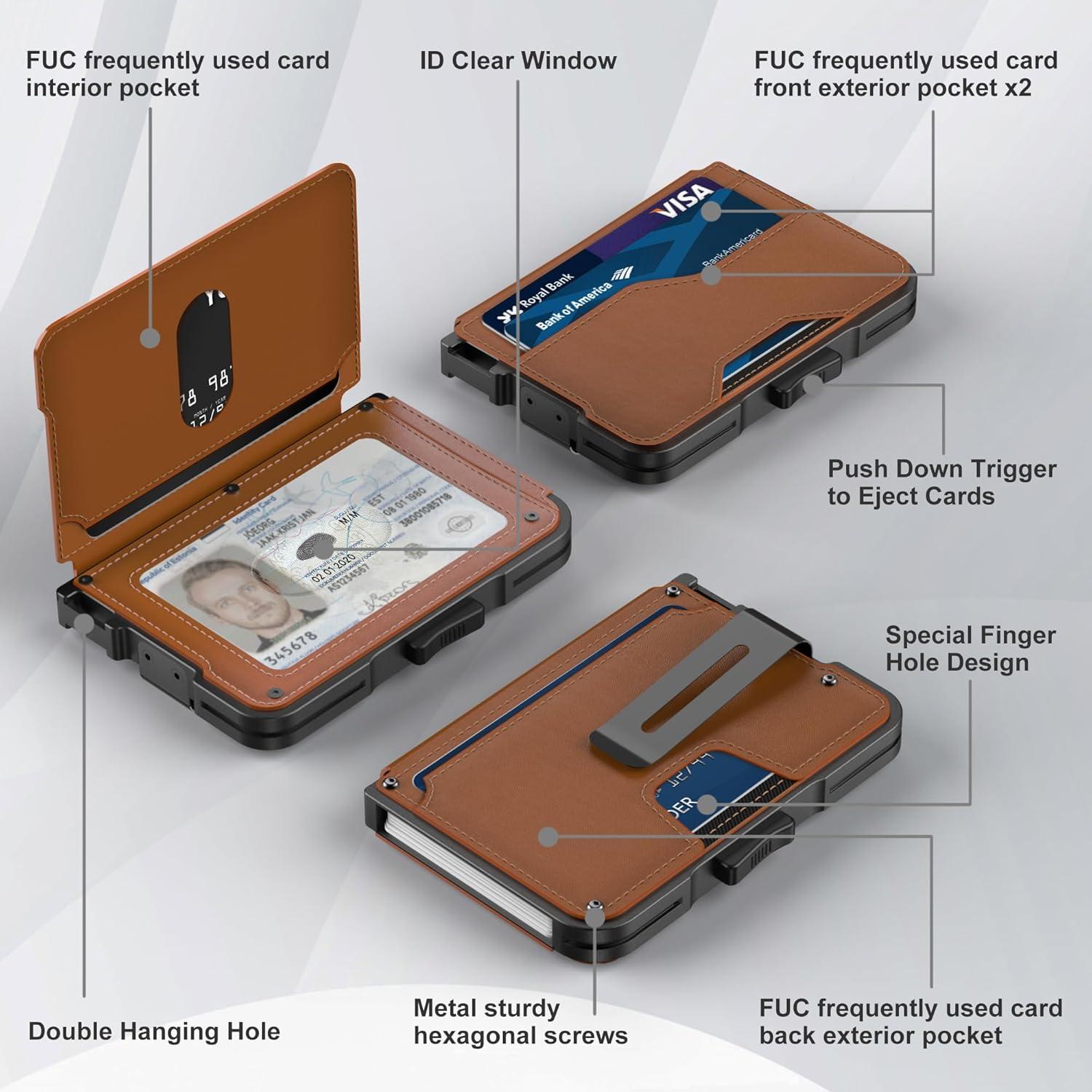 Billetera delgada Tizmuo marrón con bloqueo RFID y clip