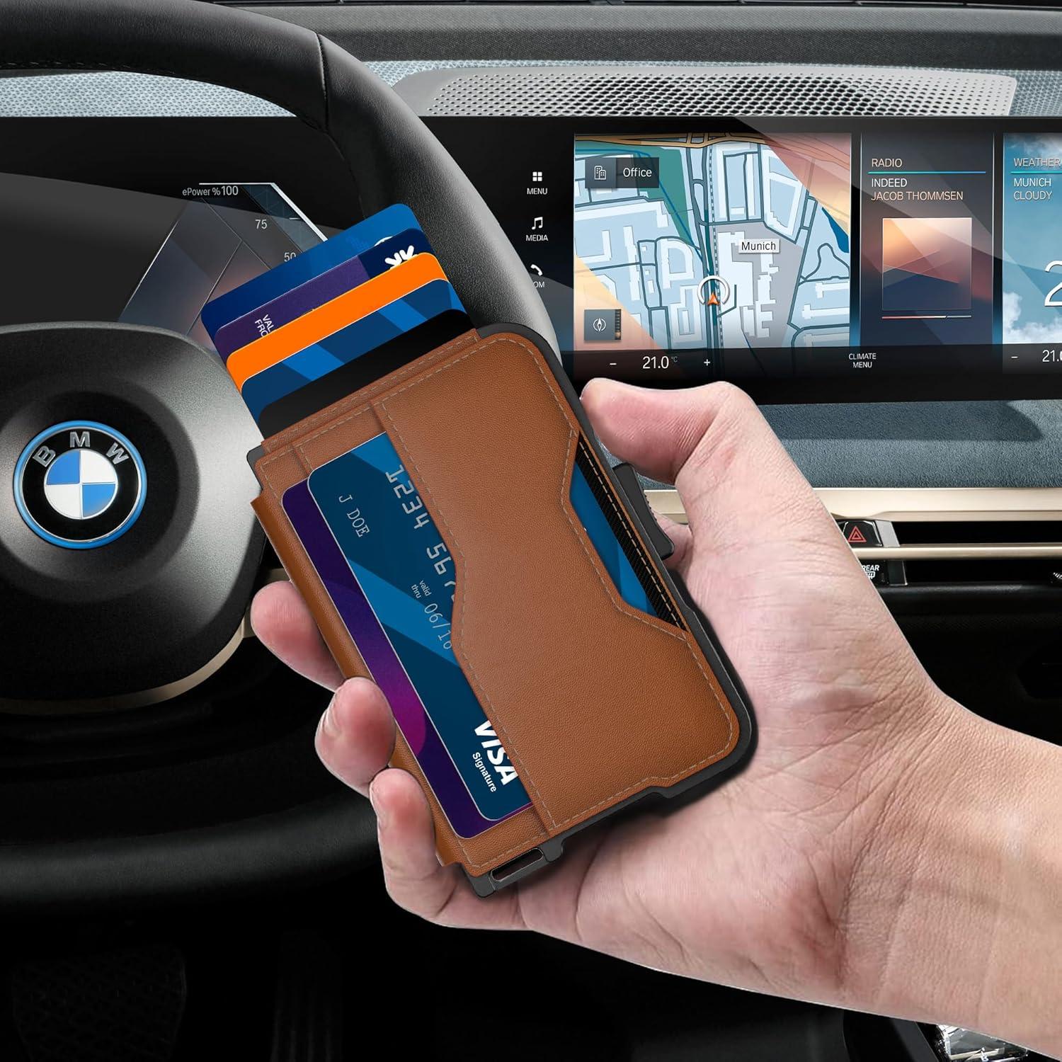 Billetera delgada Tizmuo marrón con bloqueo RFID y clip