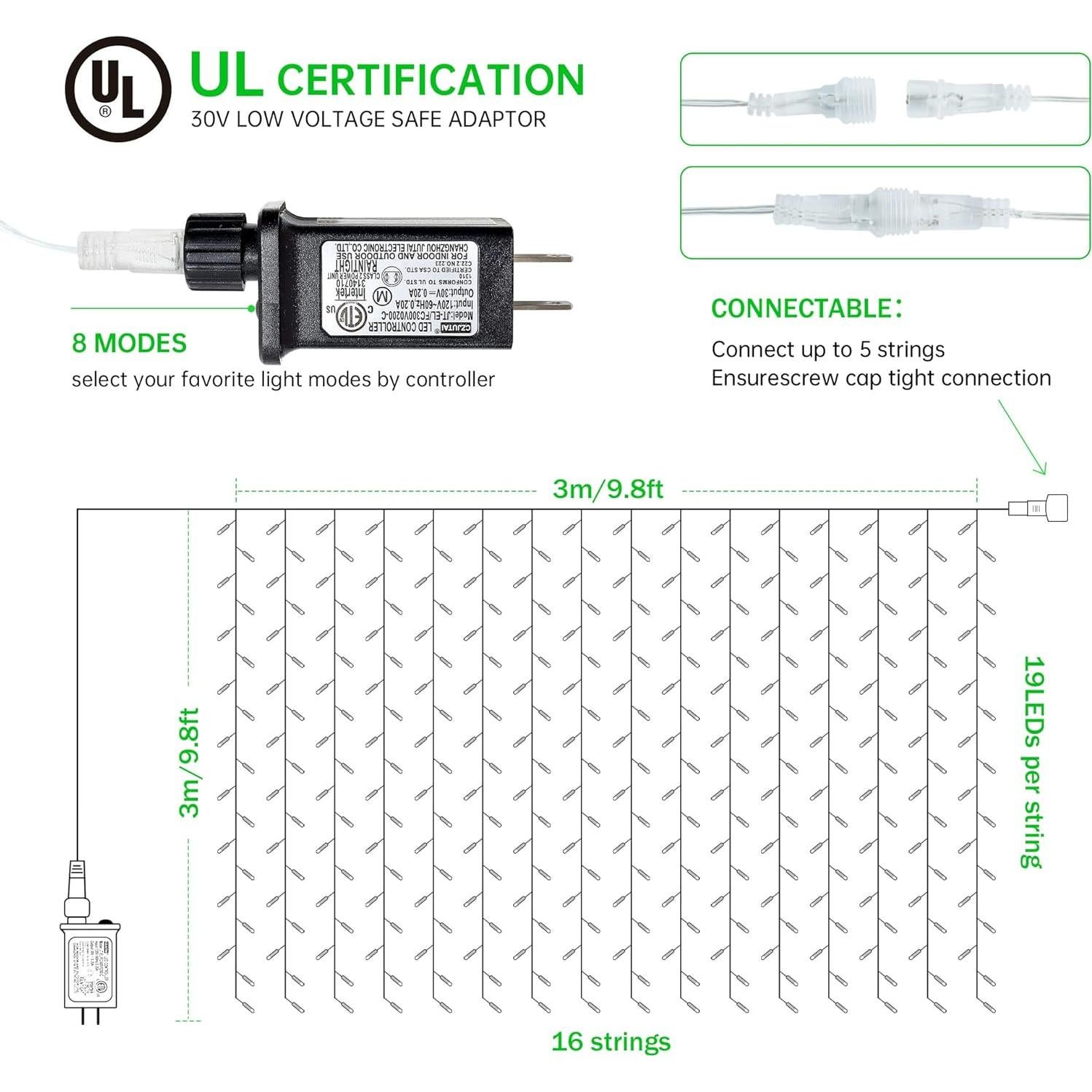 Luces de Cortina LED Verde 304 LEDs 3m x 3m 8 Modos
