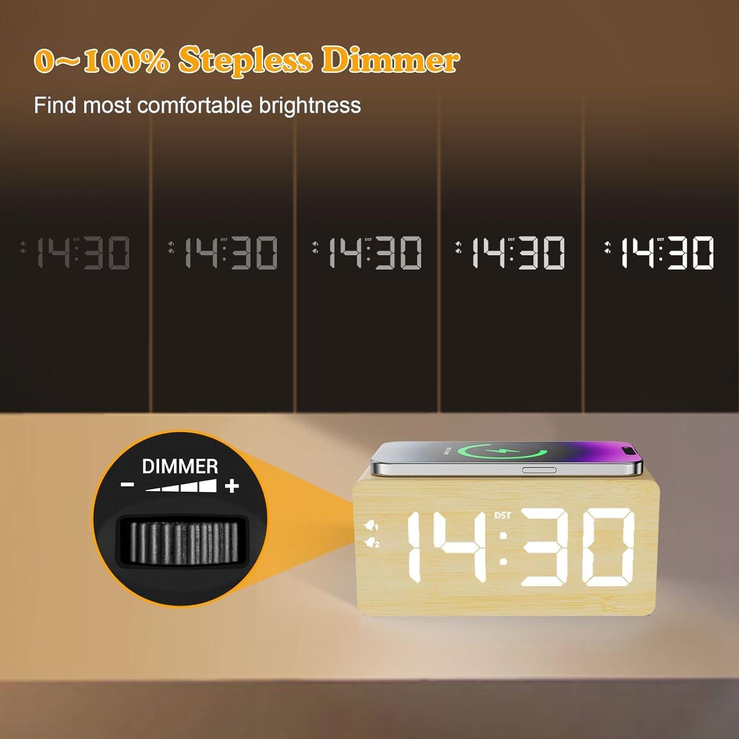 Reloj Despertador Digital URAYCO de Madera Bamboo 10W Carga Inalámbrica