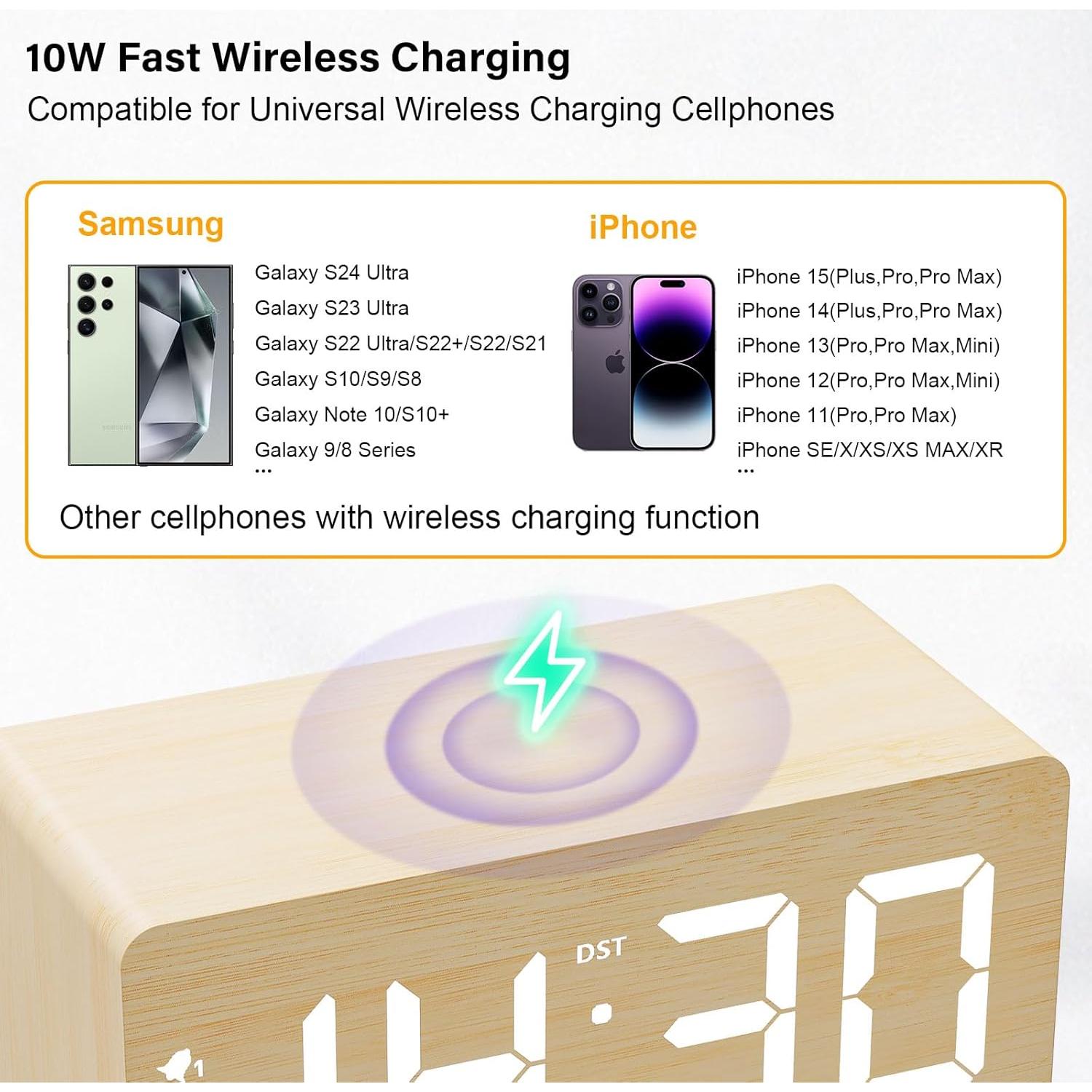 Reloj Despertador Digital URAYCO de Madera Bamboo 10W Carga Inalámbrica