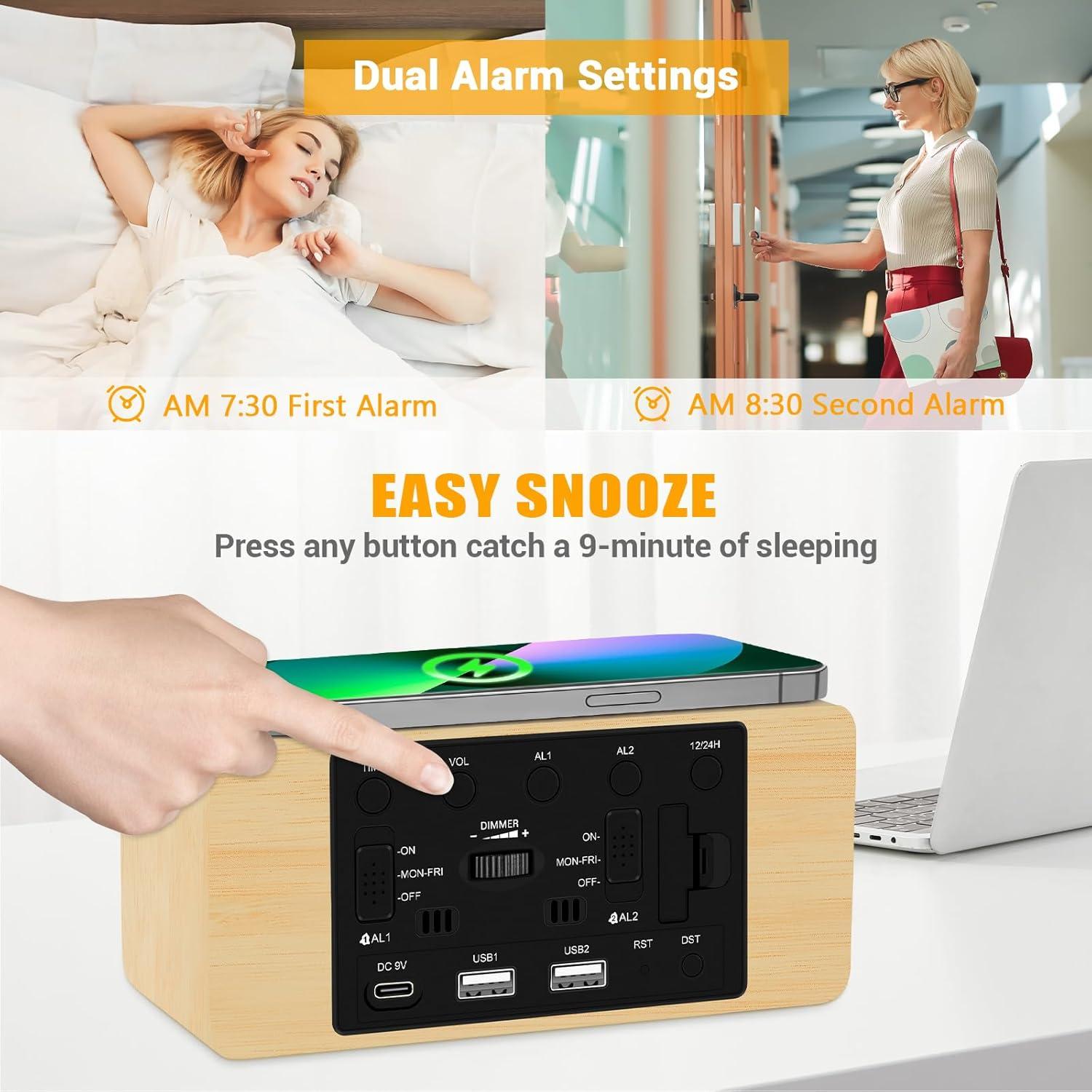 Reloj Despertador Digital URAYCO de Madera Bamboo 10W Carga Inalámbrica