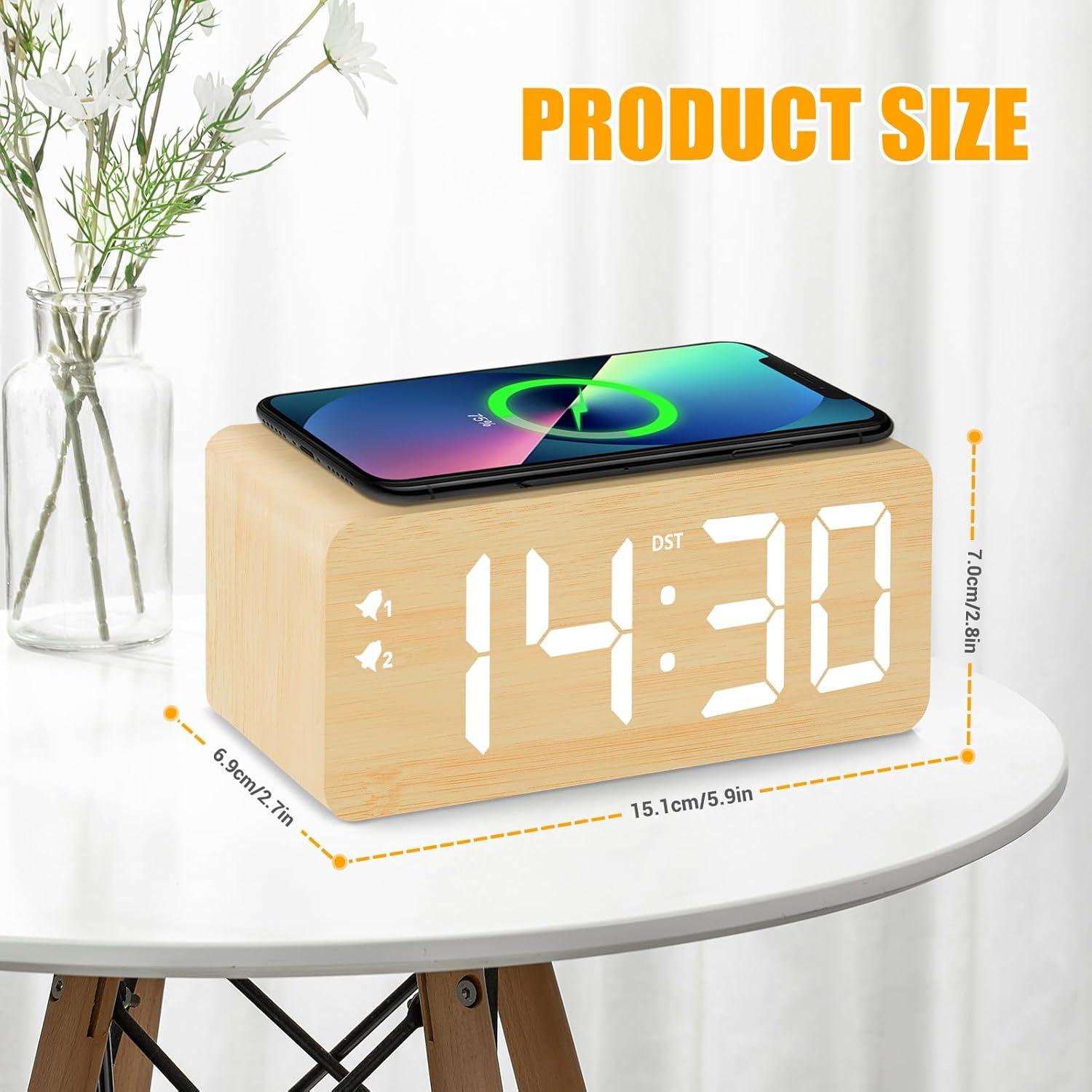 Reloj Despertador Digital URAYCO de Madera Bamboo 10W Carga Inalámbrica