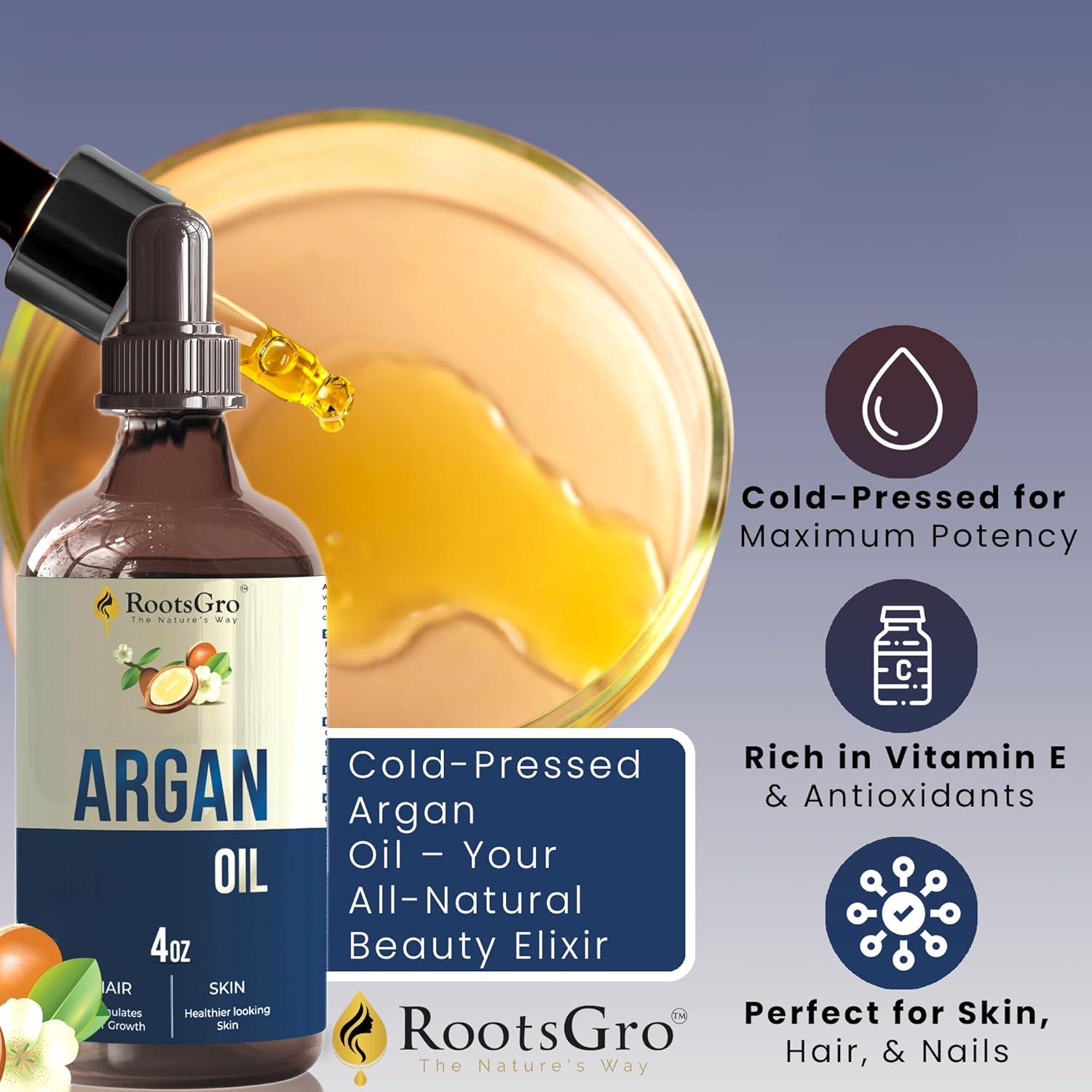 Aceite de Argán RootsGro 118 ml - Multiusos para Cabello, Piel y Uñas