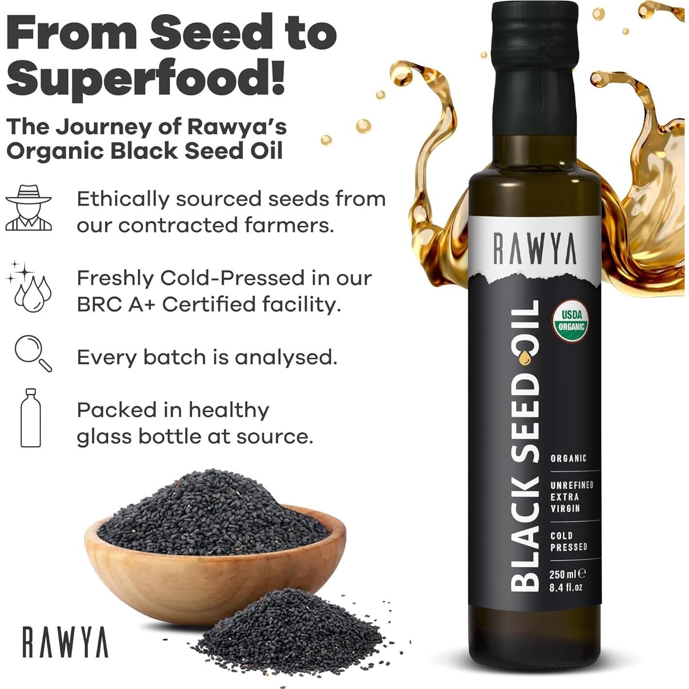 Aceite de Semilla Negra Rawya 248 ml Orgánico Prensado en Frío