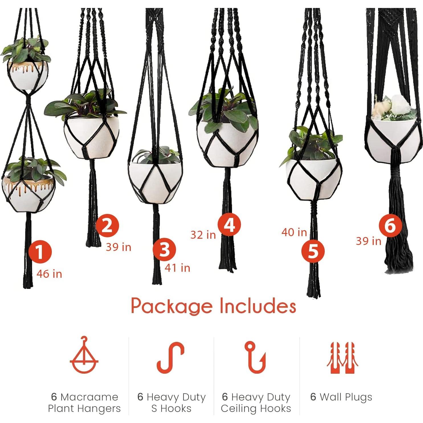 Soportes de Macramé para Plantas Feedee - Paquete de 6, Negro, Algodón