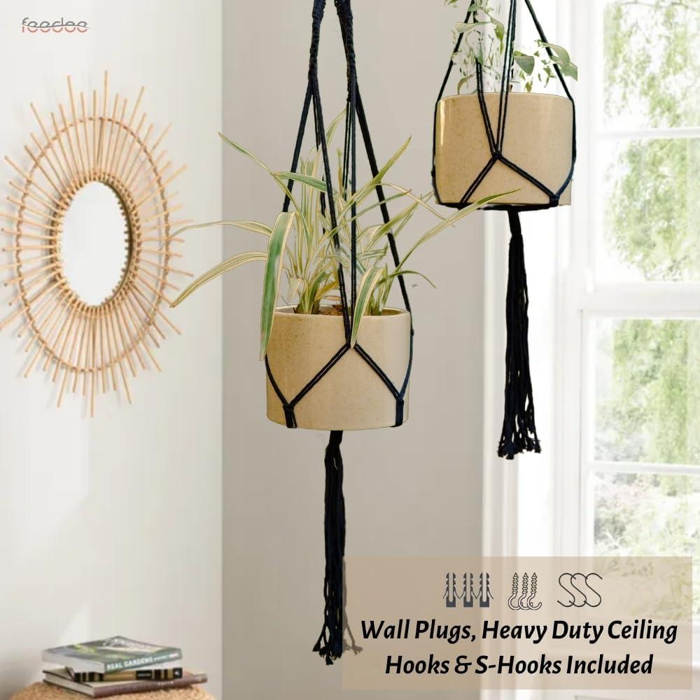 Soportes de Macramé para Plantas Feedee - Paquete de 6, Negro, Algodón
