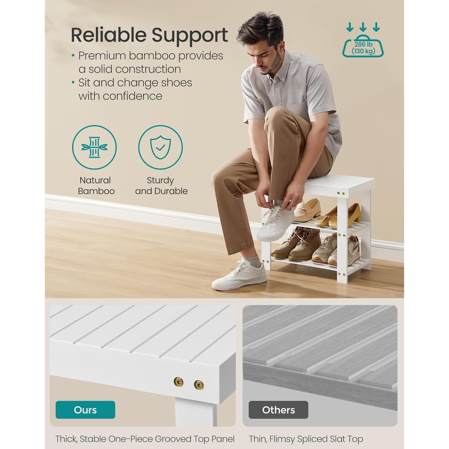 Banco para Zapatos SONGMICS de Bambú 3 Niveles Blanco Nube