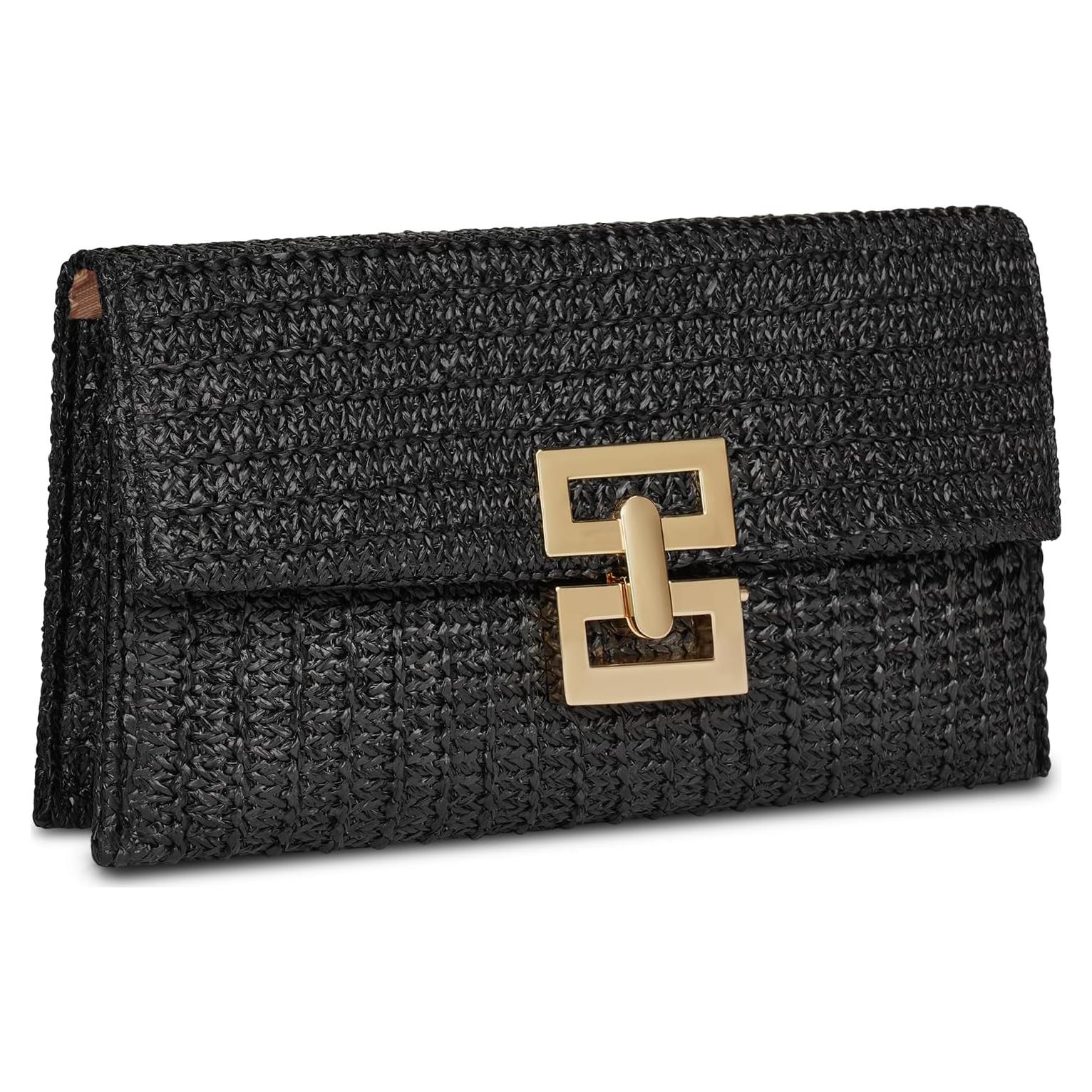Bolso de mano de paja negro para mujer 29x3x18 cm