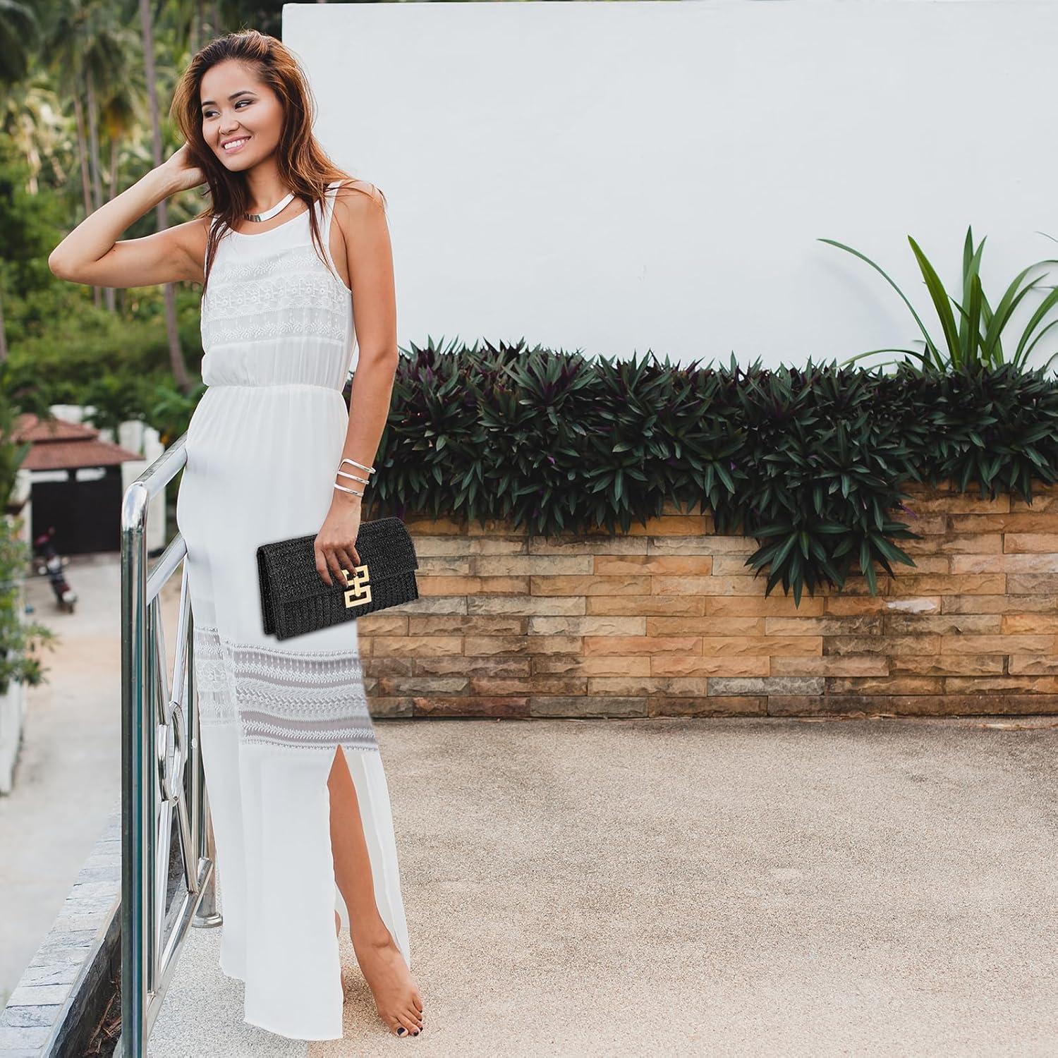 Bolso de mano de paja negro para mujer 29x3x18 cm