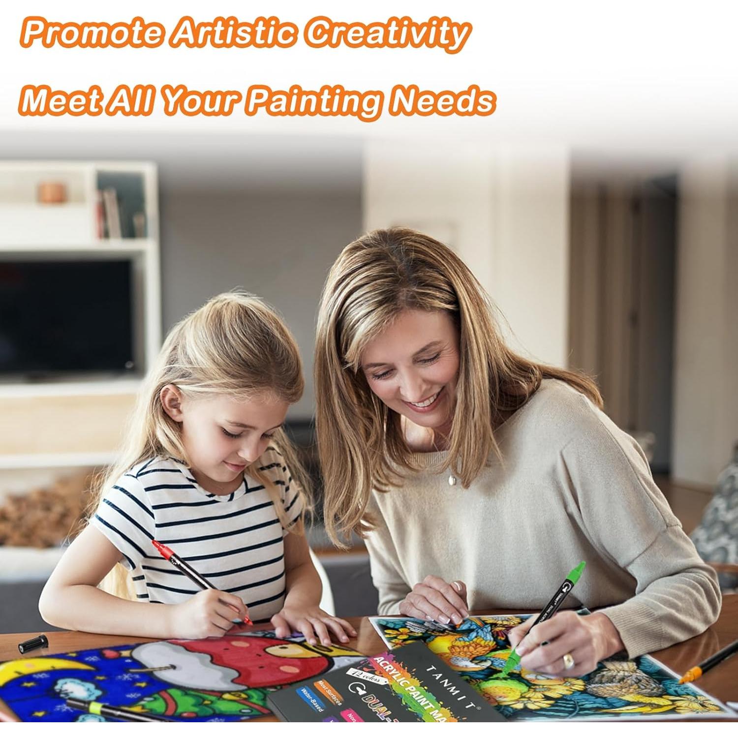 12 Marcadores Acrílicos TANMIT Doble Punta 3MM y 1MM Multicolor