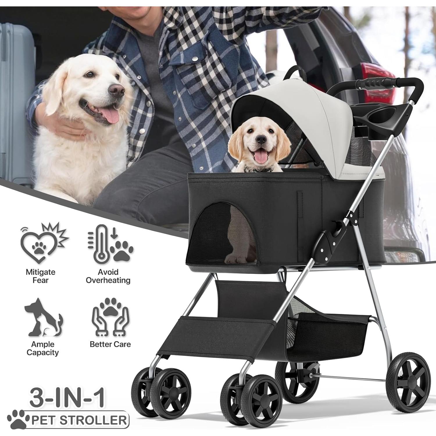 Carrito Plegable para Mascotas MoNiBloom 3 en 1 Negro hasta 15 kg