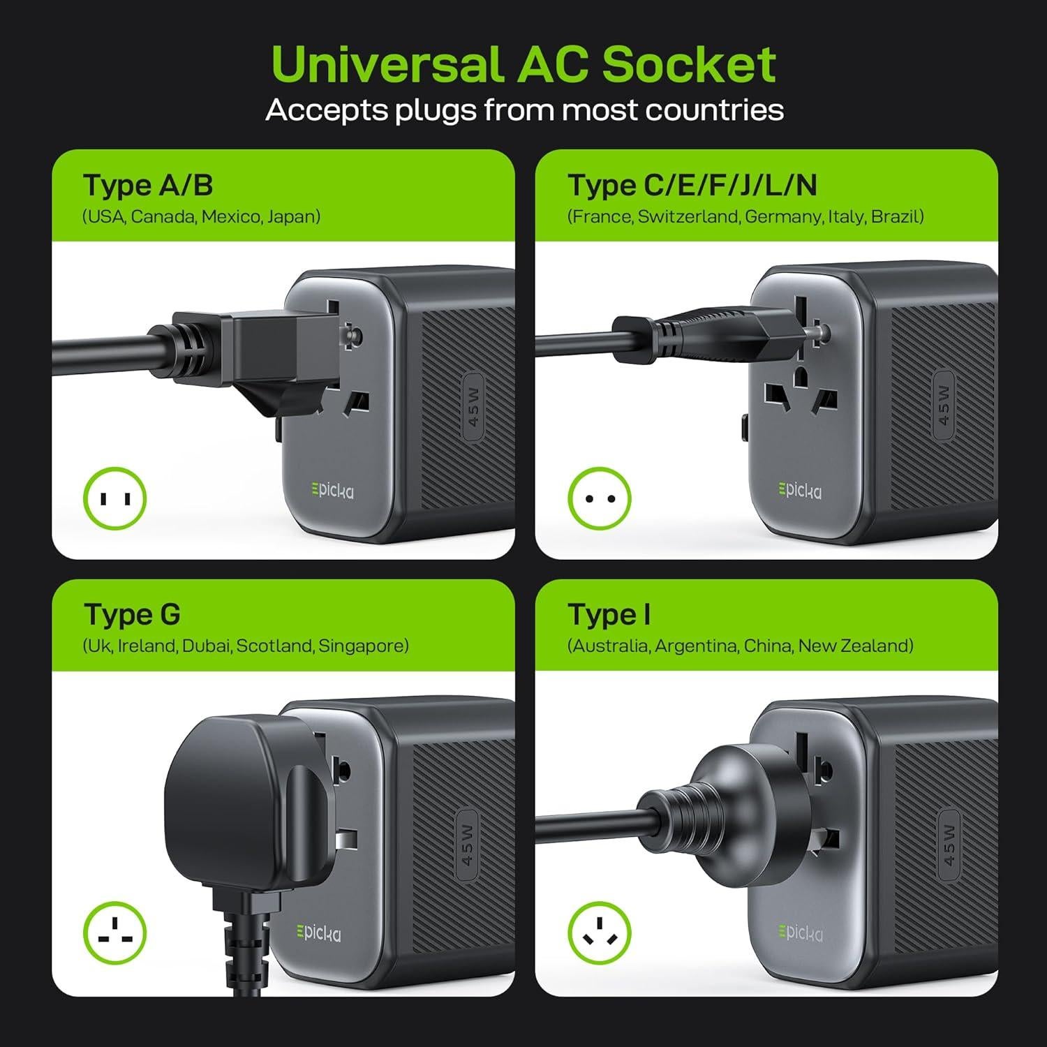 Adaptador de Enchufe de Viaje Universal Epicka 45W 5 Puertos