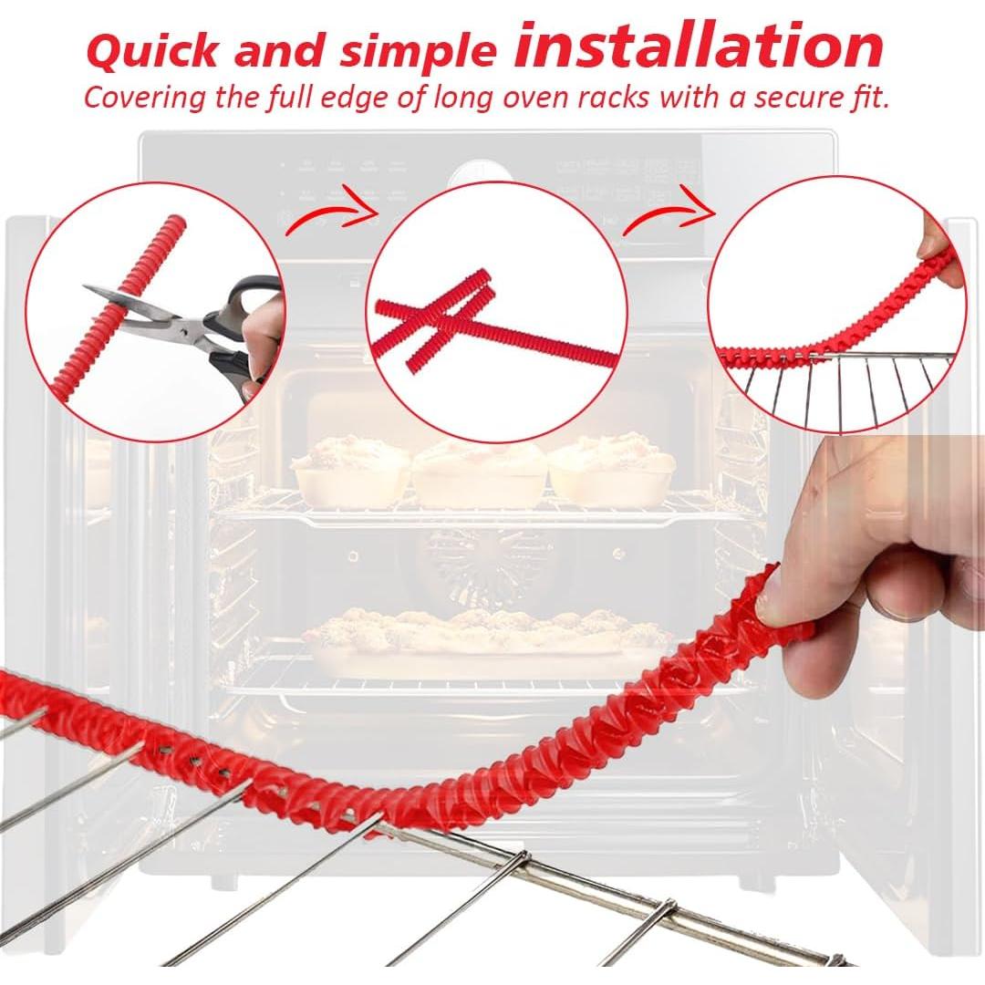 Silicone Oven Rack Shields Extra Long Oven Rack Protectors, 14-Inches Heat Resistant Oven Rack Edge Protector Guard Cover Full Length Fit on Standard-Sized Ovens (Red, 2 Pack - 14 Inches)