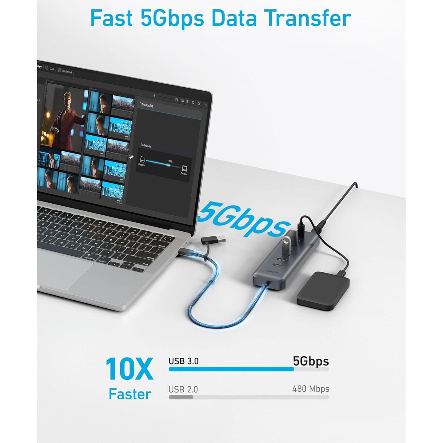 Hub USB-C Anker 8-en-1, 5Gbps, 3 Puertos USB-A, 4 USB-C, 100W