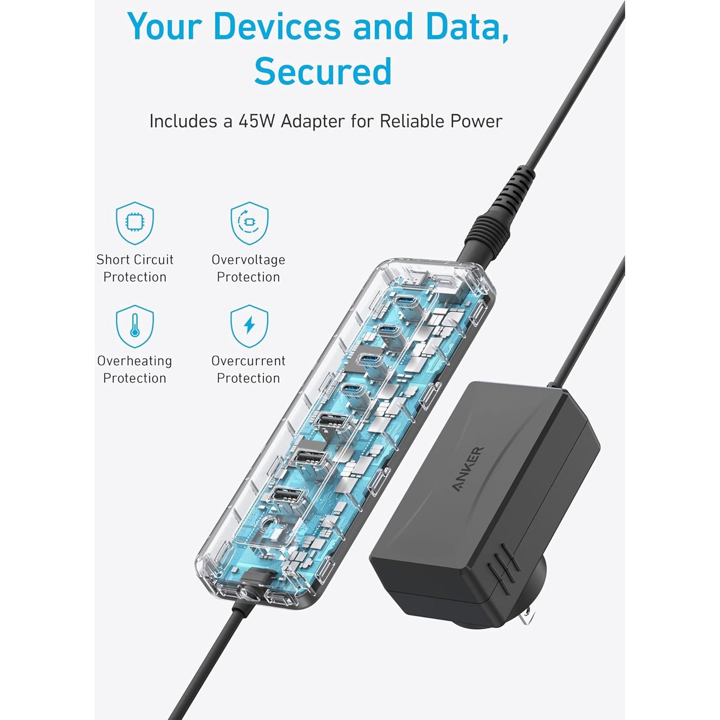 Hub USB-C Anker 8-en-1, 5Gbps, 3 Puertos USB-A, 4 USB-C, 100W