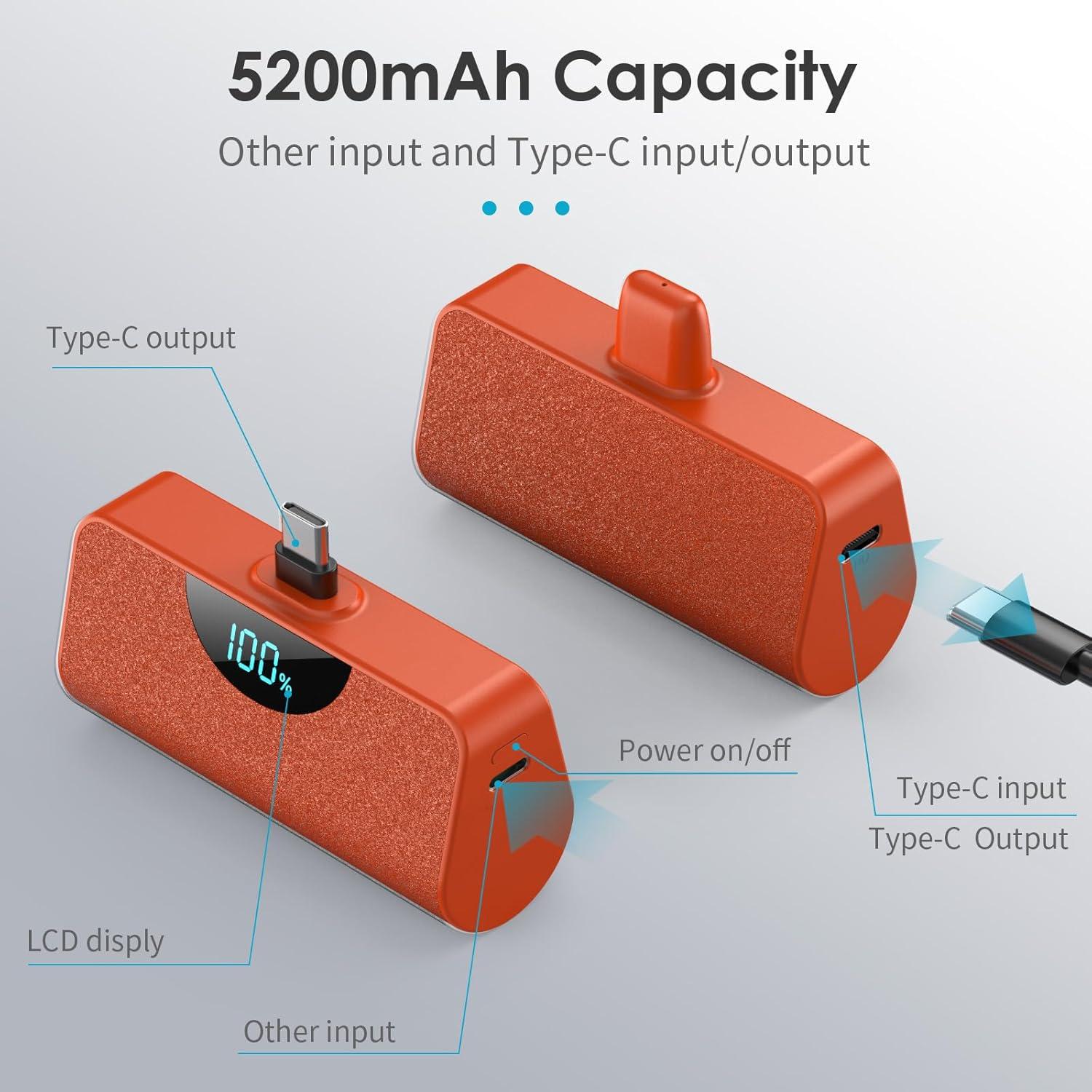Mini Cargador Portátil USB-C 5200mAh Naranja - Ultra Compacto