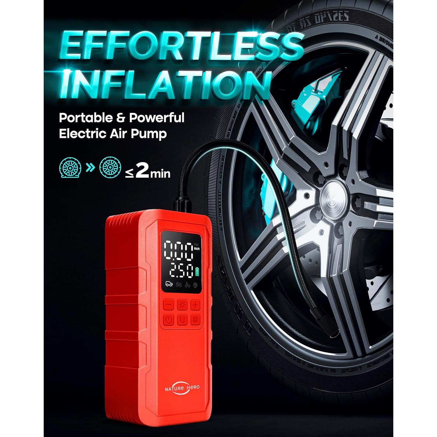 Compresor de Aire Portátil Nature Hero 150 PSI con Manómetro LCD