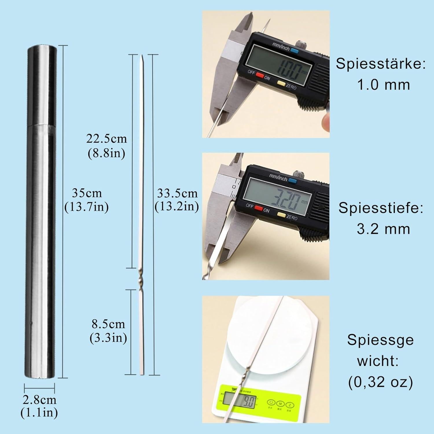 Pinchos de Kebab Reutilizables WILLBBQ 20PCS Acero Inoxidable 34.8 cm
