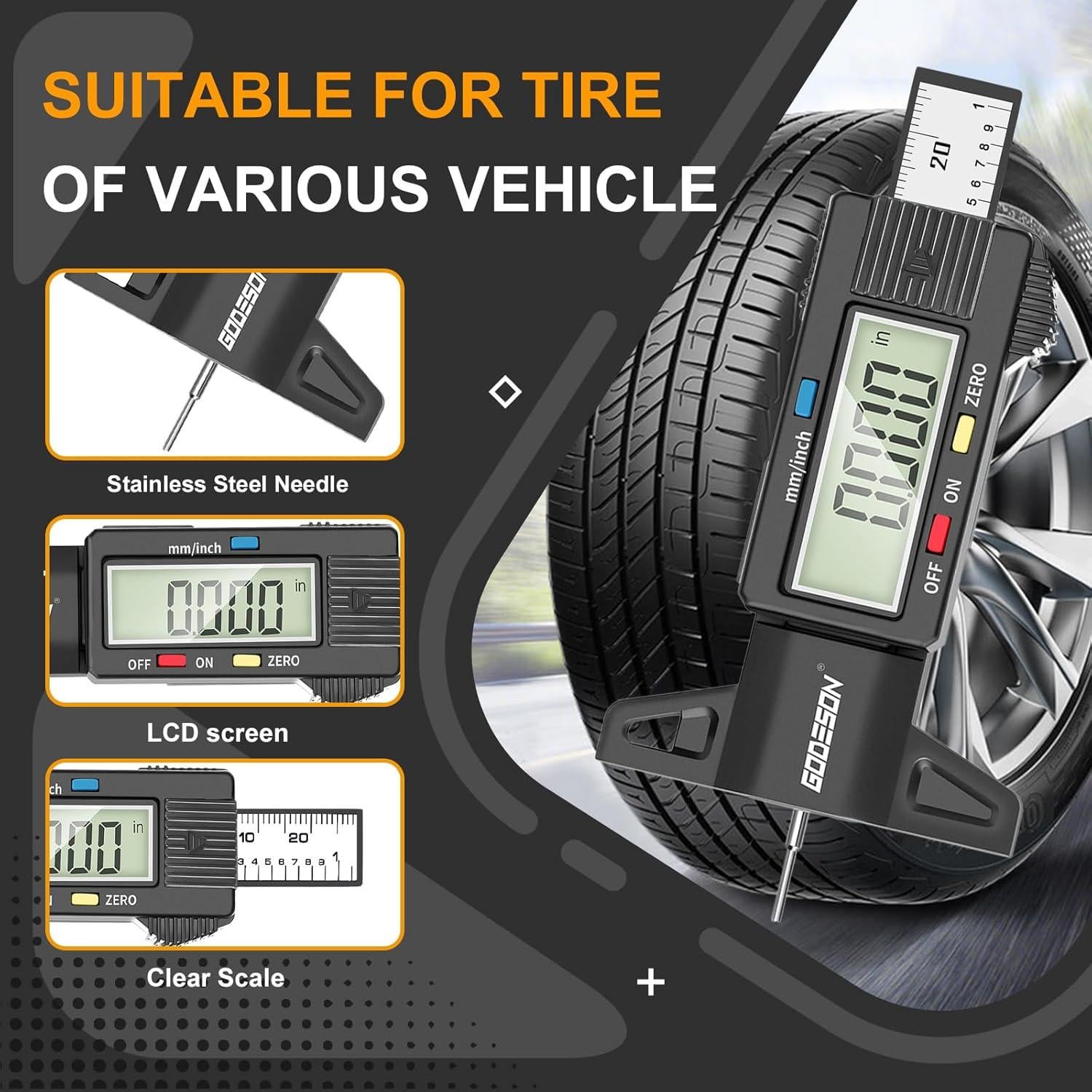 Medidor Digital de Profundidad de Banda de Neumáticos Godeson 0-25.4mm