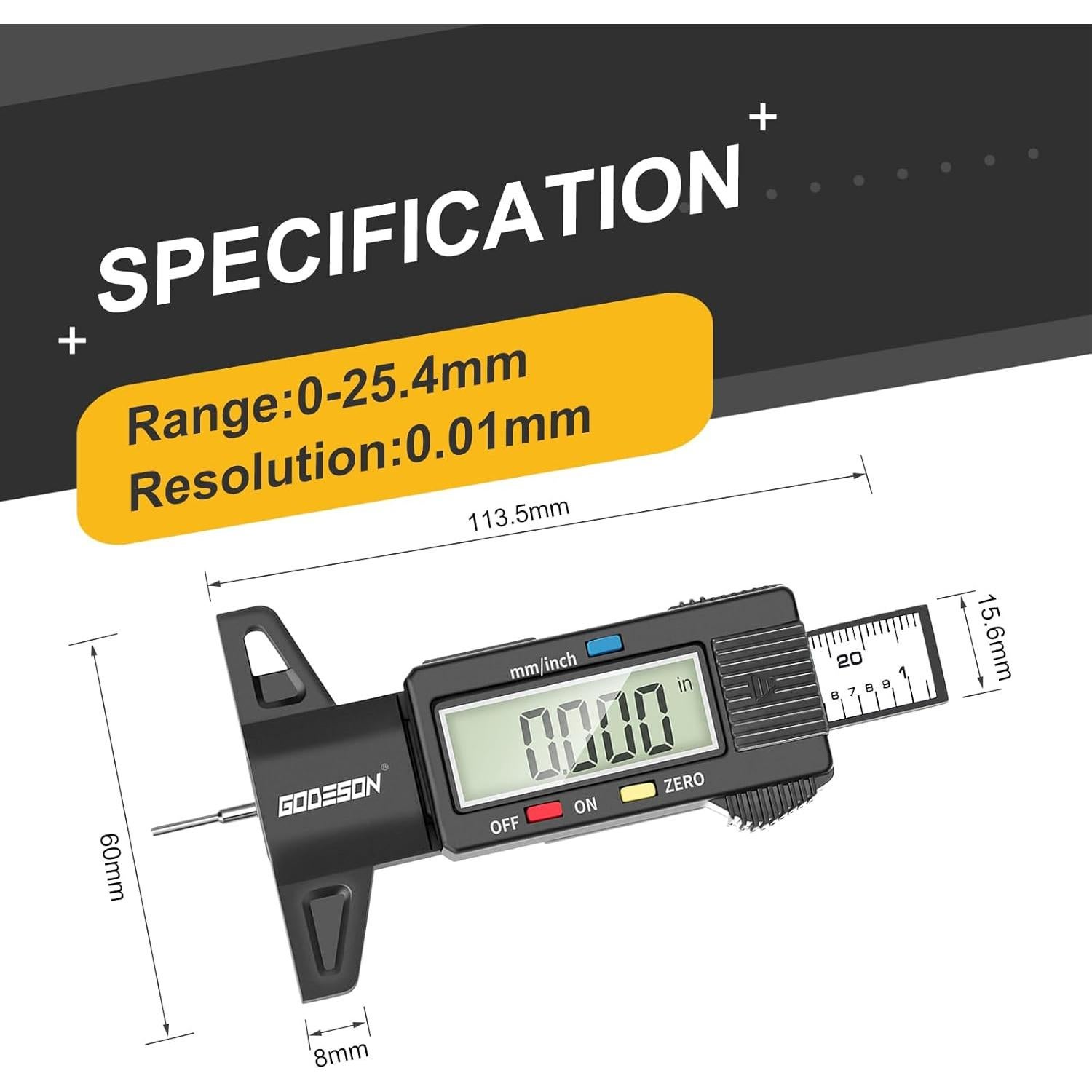 Medidor Digital de Profundidad de Banda de Neumáticos Godeson 0-25.4mm