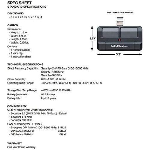 Control Remoto LiftMaster 892LT para Puerta de Garaje - 2 Botones