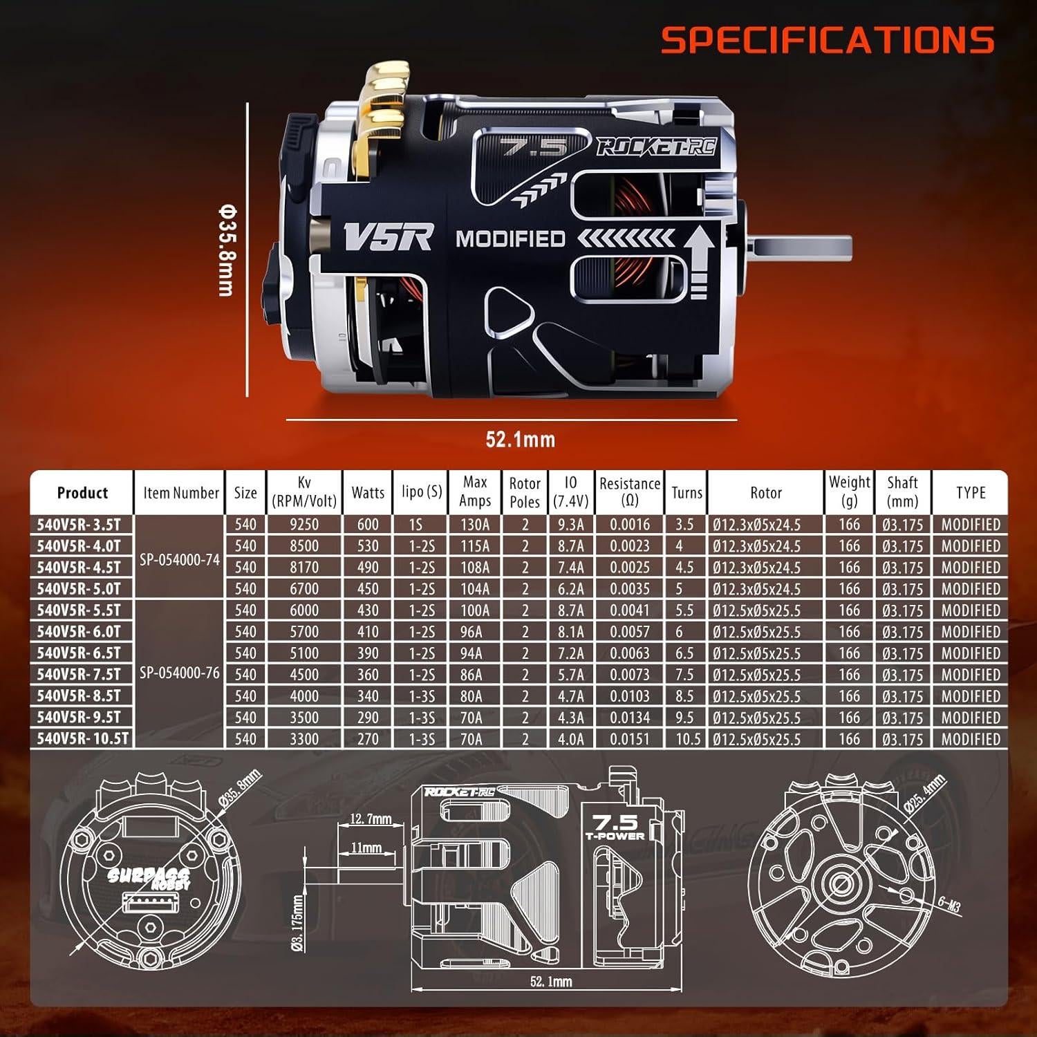 Motor Sin Escobillas Surpass Hobby 540 V5R 3.5T para Coche RC 1:10