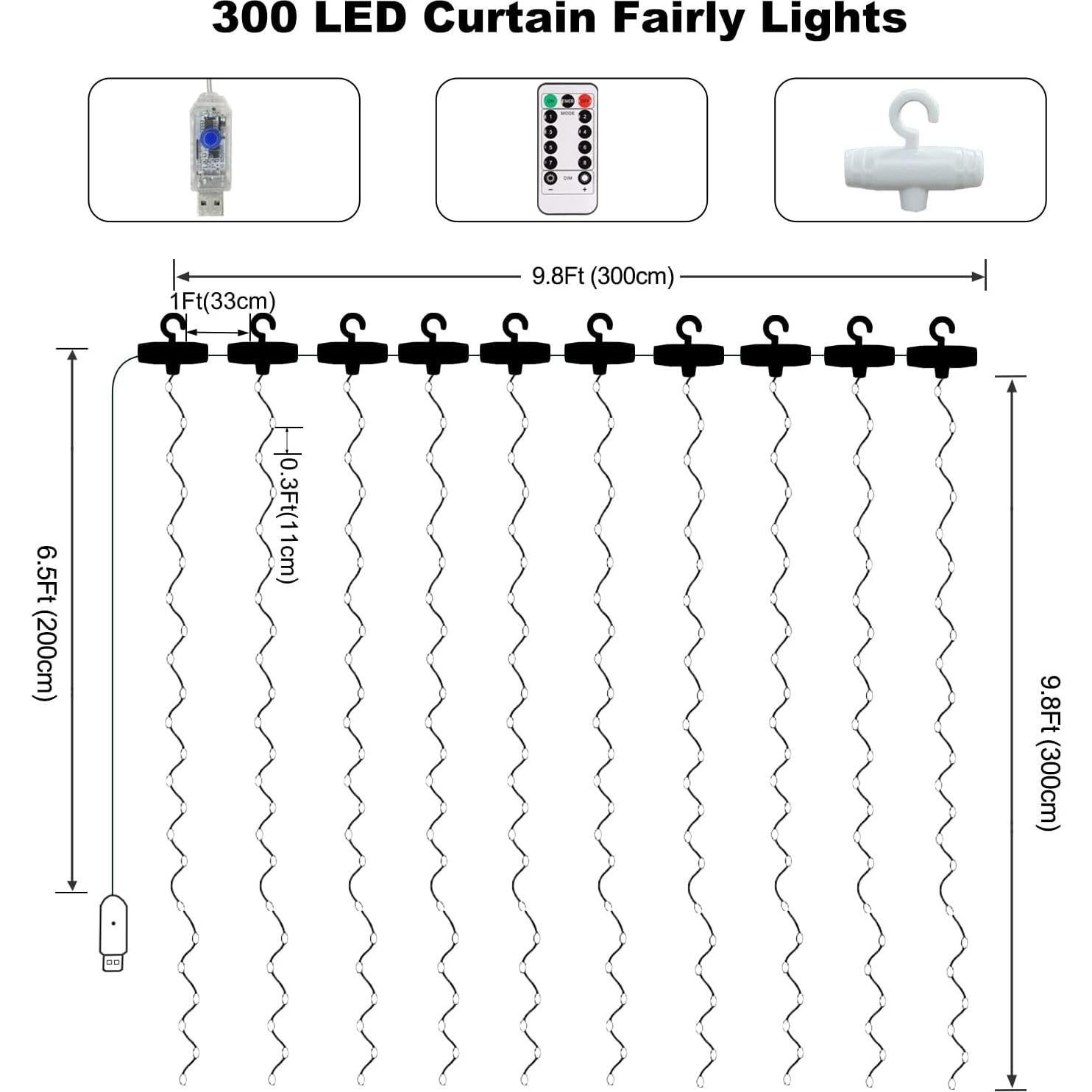 Luces de Cortina LED Echosari 300 Bombillas USB 3m x 3m Blanco Frío