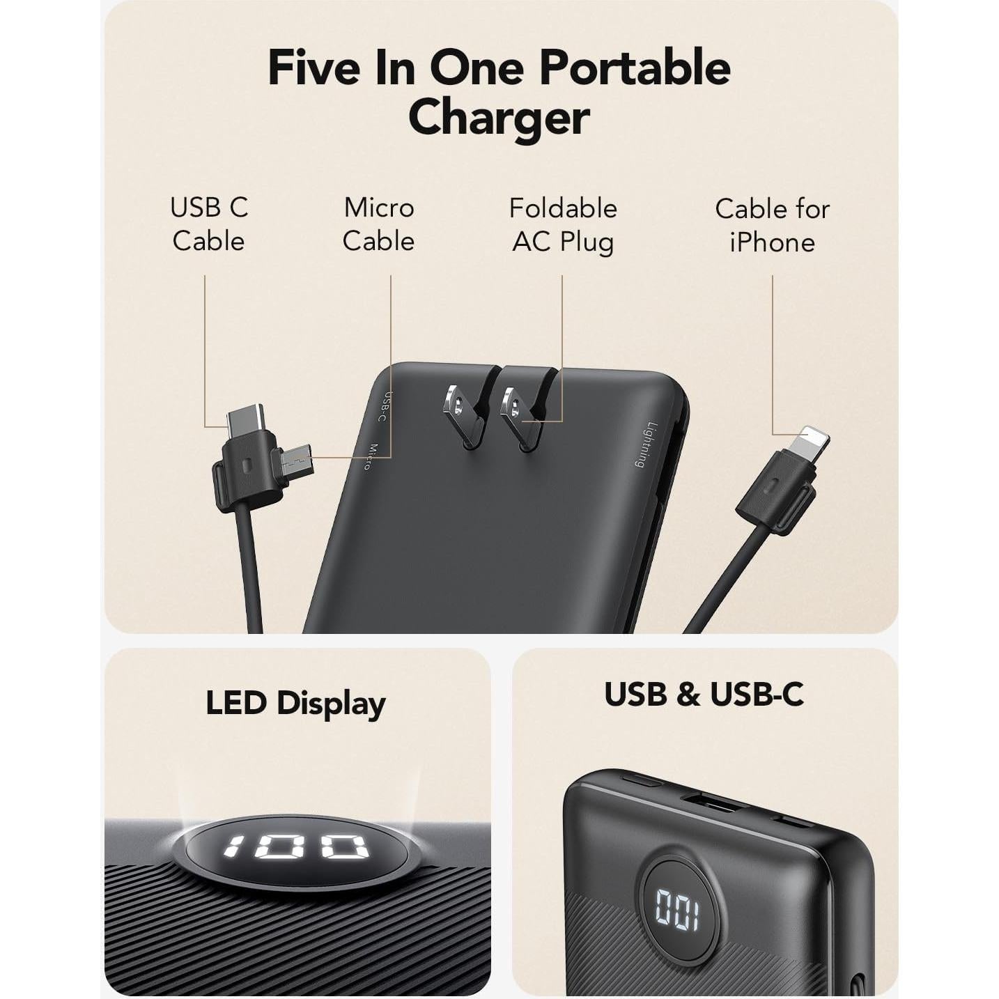 Cargador Portátil VRURC 10000mAh con Cables Integrados - Negro