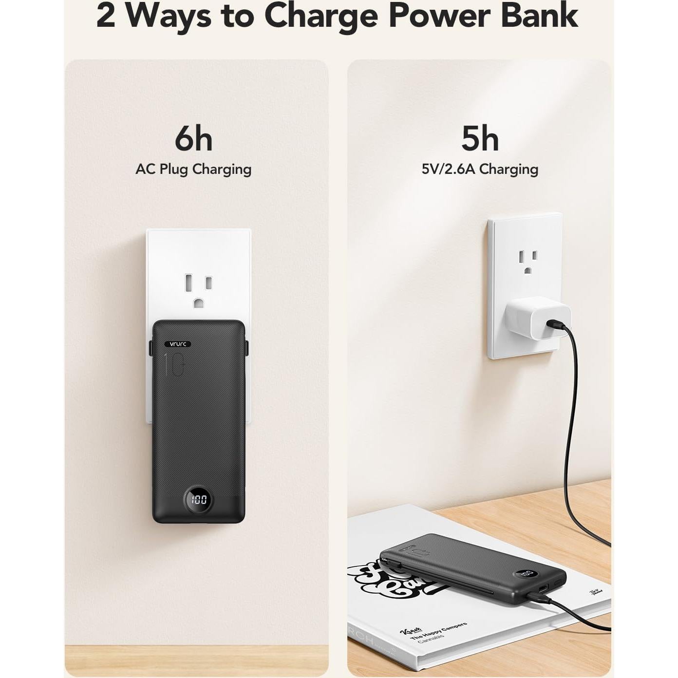 Cargador Portátil VRURC 10000mAh con Cables Integrados - Negro