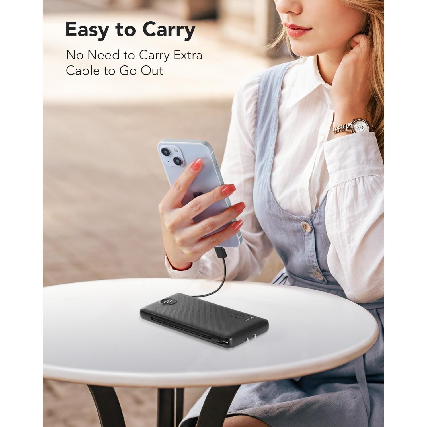 Cargador Portátil VRURC 10000mAh con Cables Integrados - Negro