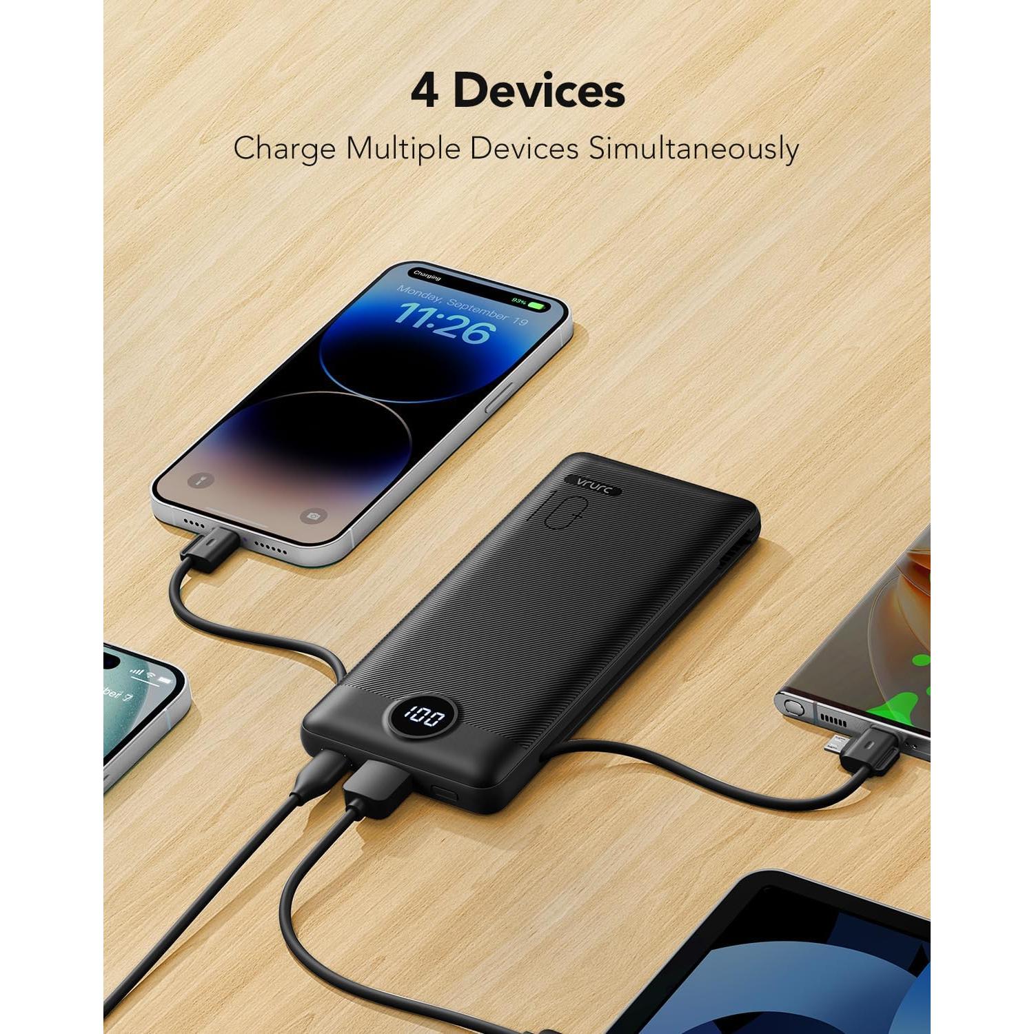 Cargador Portátil VRURC 10000mAh con Cables Integrados - Negro