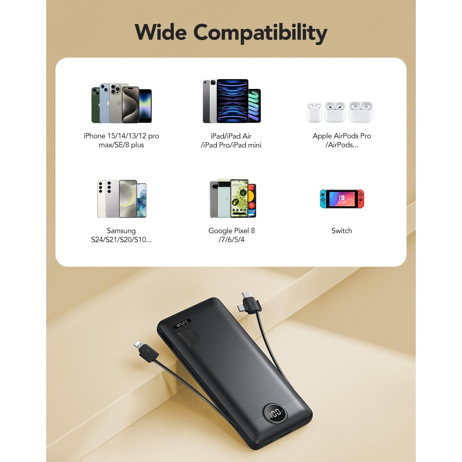 Cargador Portátil VRURC 10000mAh con Cables Integrados - Negro