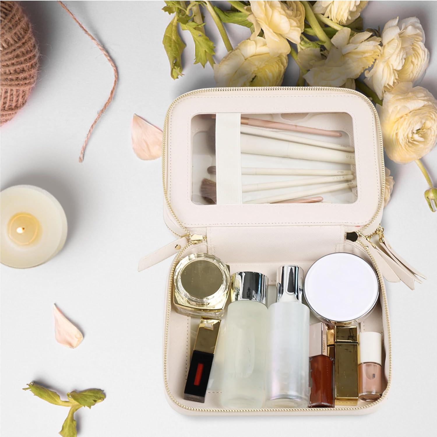 Bolsa de Maquillaje Doble Capa Beige PU Impermeable 20.8x16x8.9cm