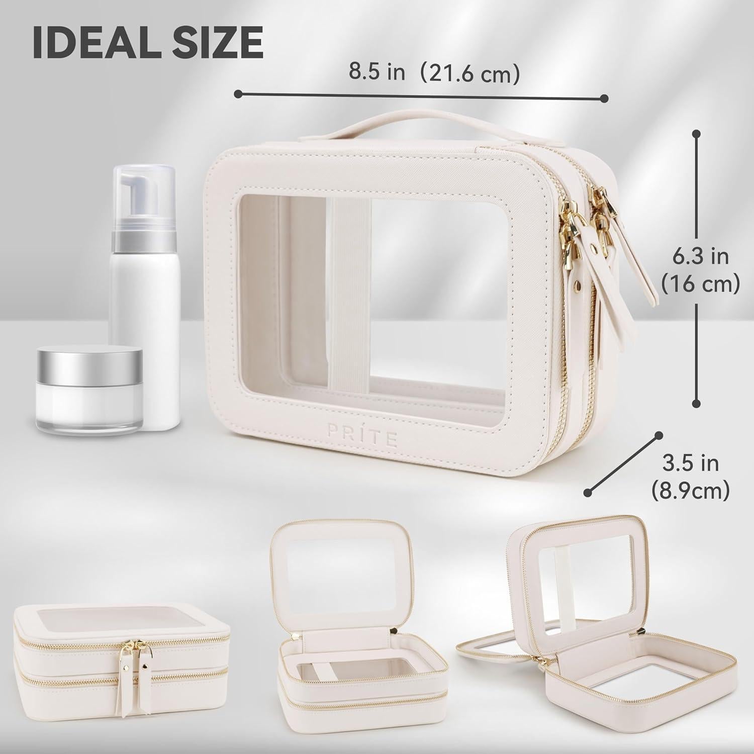 Bolsa de Maquillaje Doble Capa Beige PU Impermeable 20.8x16x8.9cm