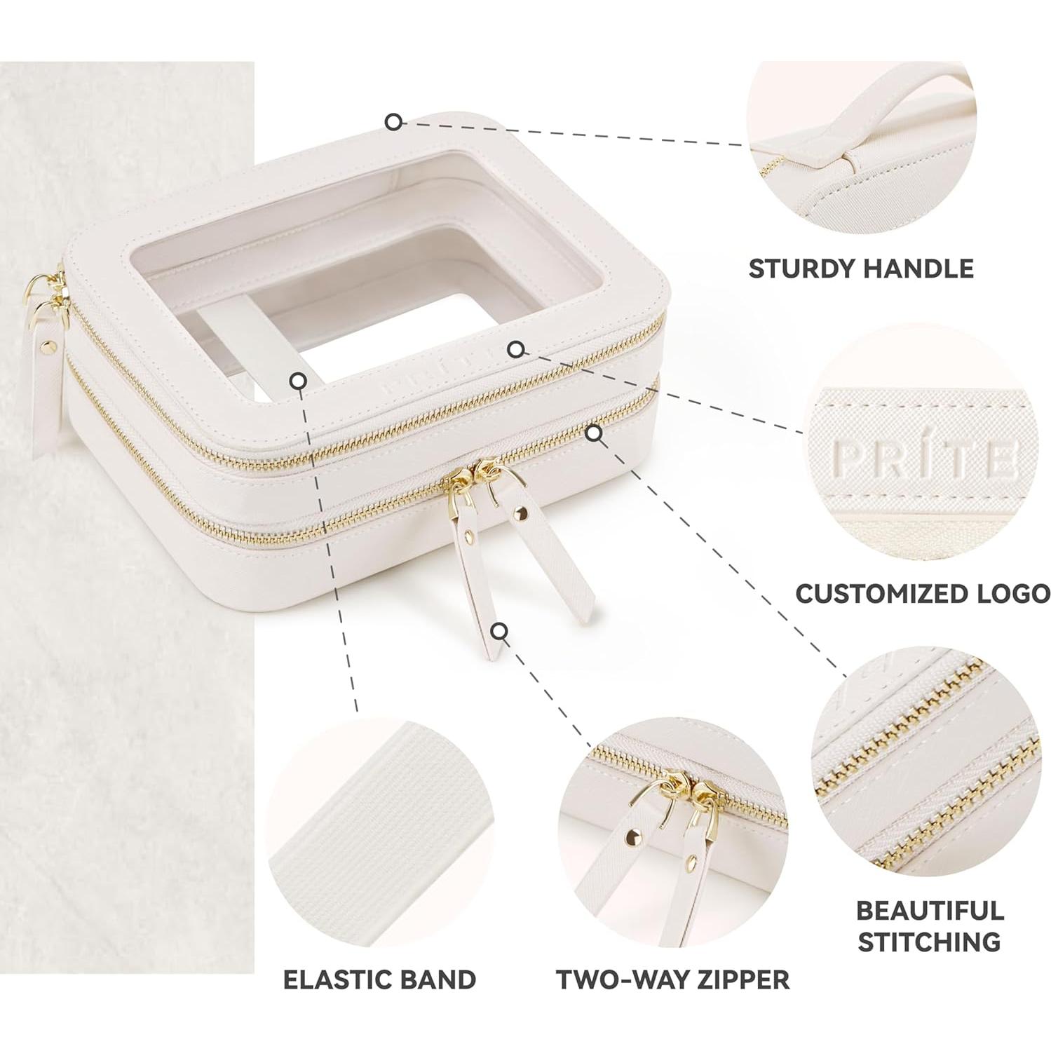 Bolsa de Maquillaje Doble Capa Beige PU Impermeable 20.8x16x8.9cm