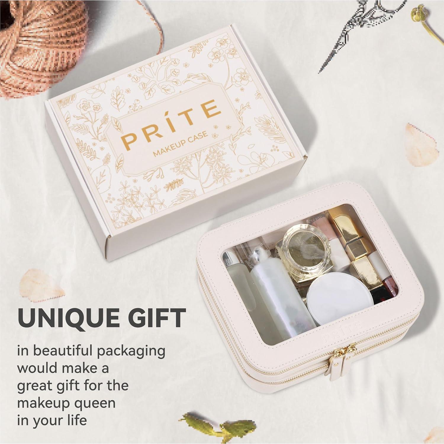 Bolsa de Maquillaje Doble Capa Beige PU Impermeable 20.8x16x8.9cm